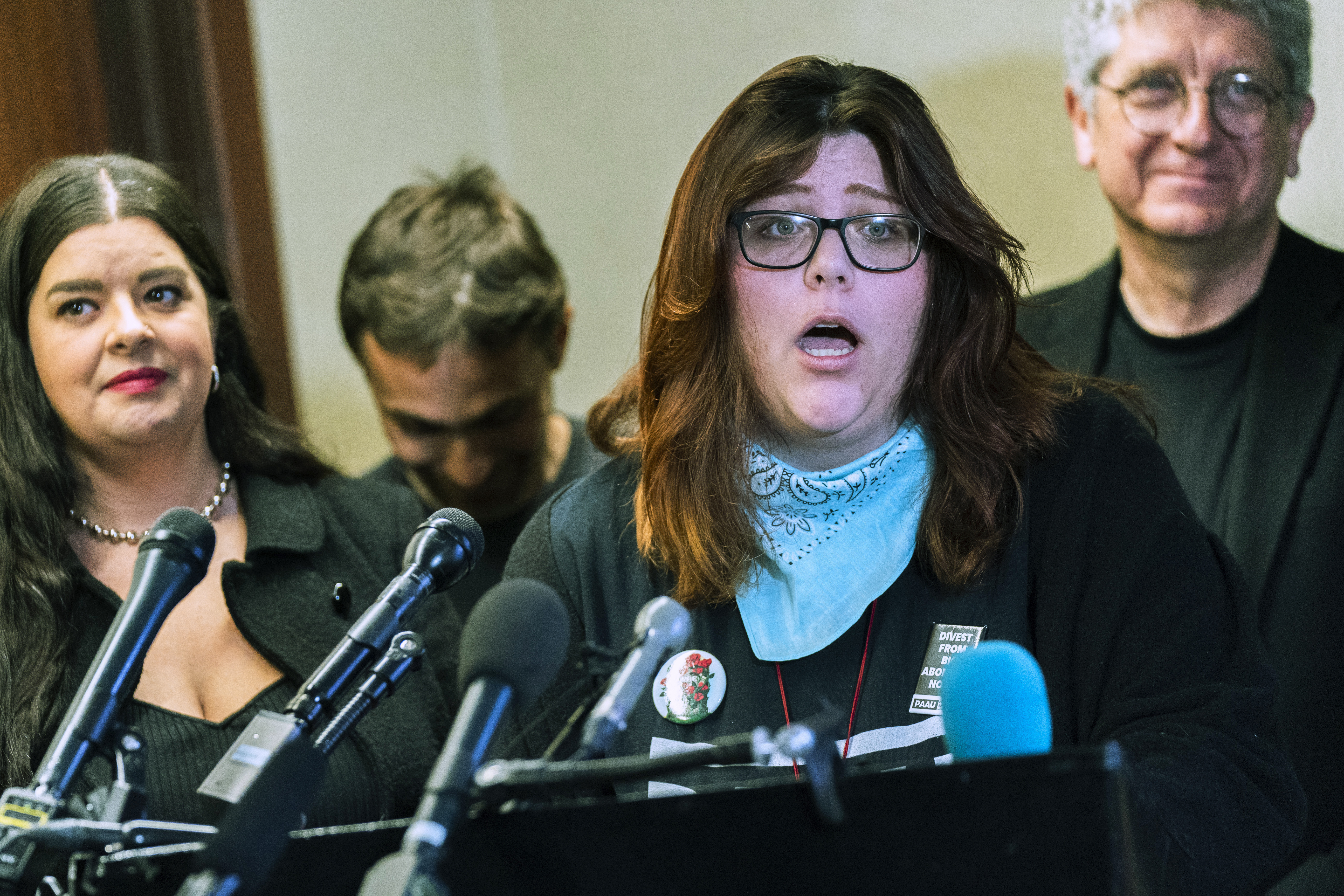 FILE - Anti-abortion activists Lauren Handy, front, with Terrisa Bukovinac, from left, Jonathan Darnell, and Randall Terry, speak during a news conference in Washington, April 5, 2022. (AP Photo/Manuel Balce Ceneta, File)