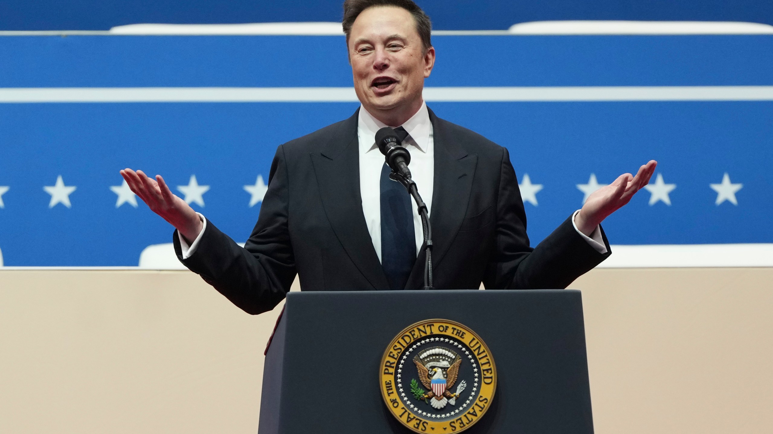 FILE - Elon Musk speaks at an indoor Presidential Inauguration parade event in Washington, Jan. 20, 2025. (AP Photo/Matt Rourke, File)