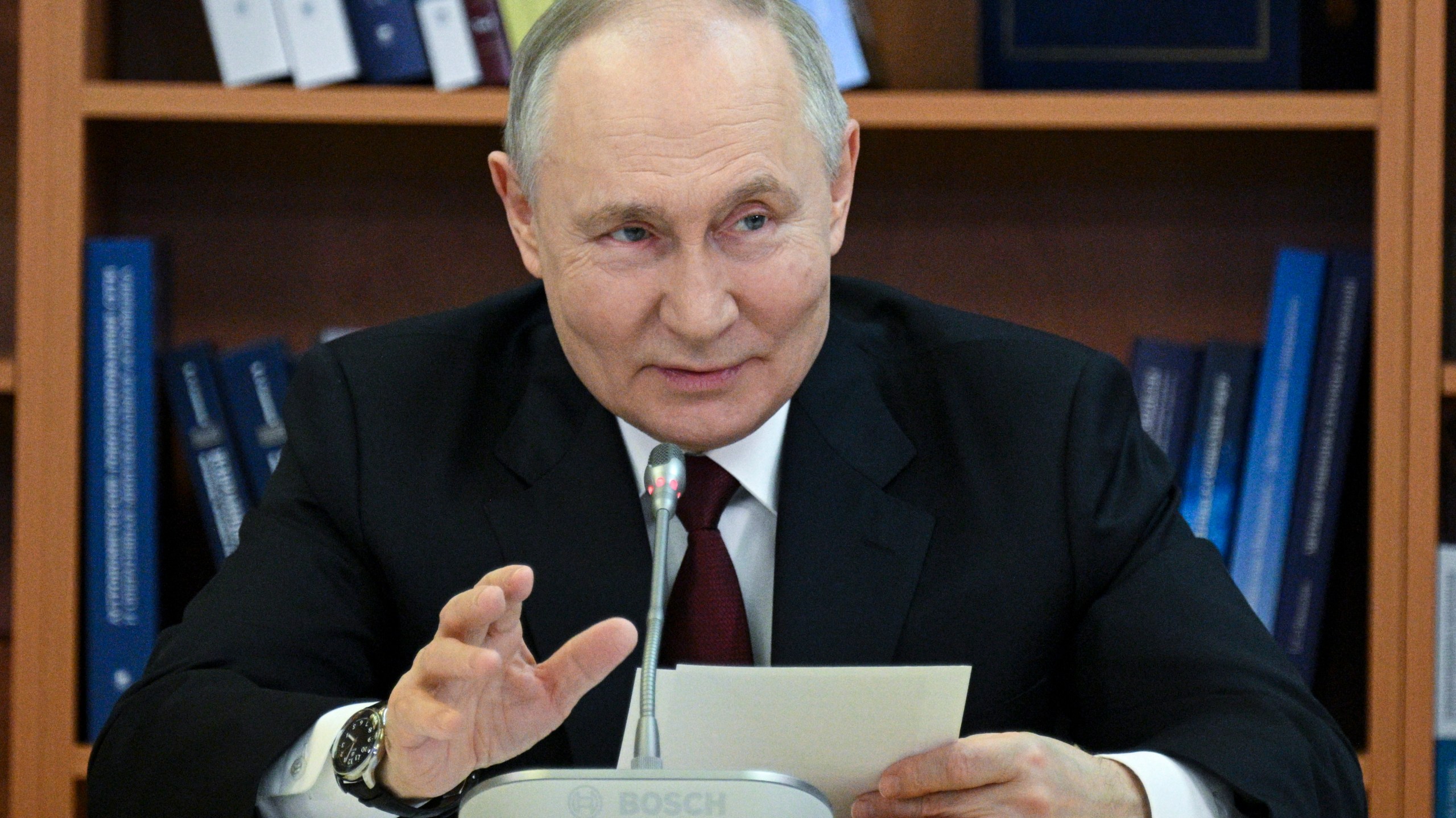 Russian President Vladimir Putin speaks during a meeting of the Board of Trustees of the Lomonosov Moscow State University in Moscow, Russia, Friday, Jan. 24, 2025. (Ramil Sitdikov, Sputnik, Kremlin Pool Photo via AP)