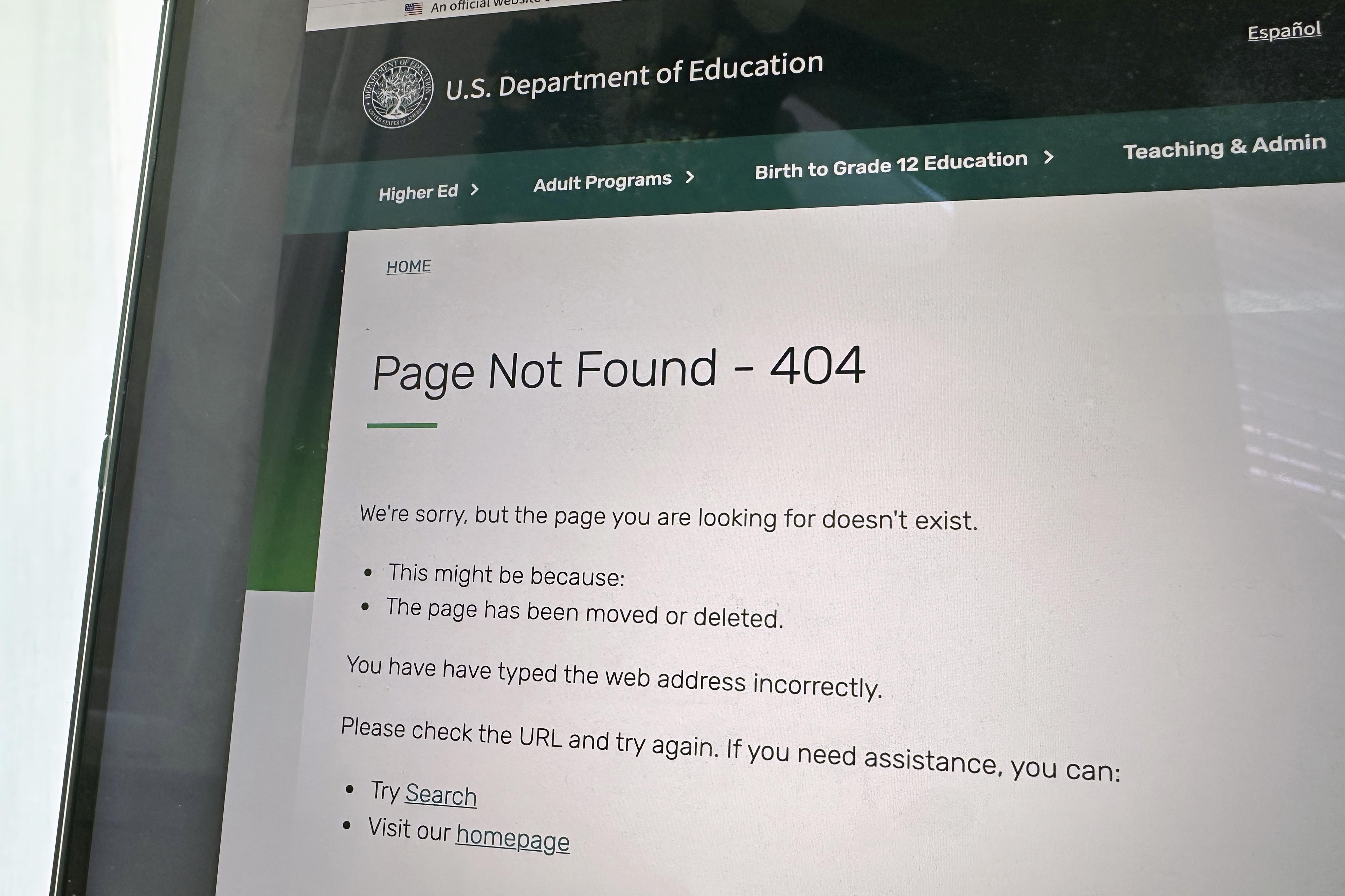 This U.S. Department of Education website page is seen on Jan. 24, 2025 in Washington. (AP Photo/Alex Brandon, File)