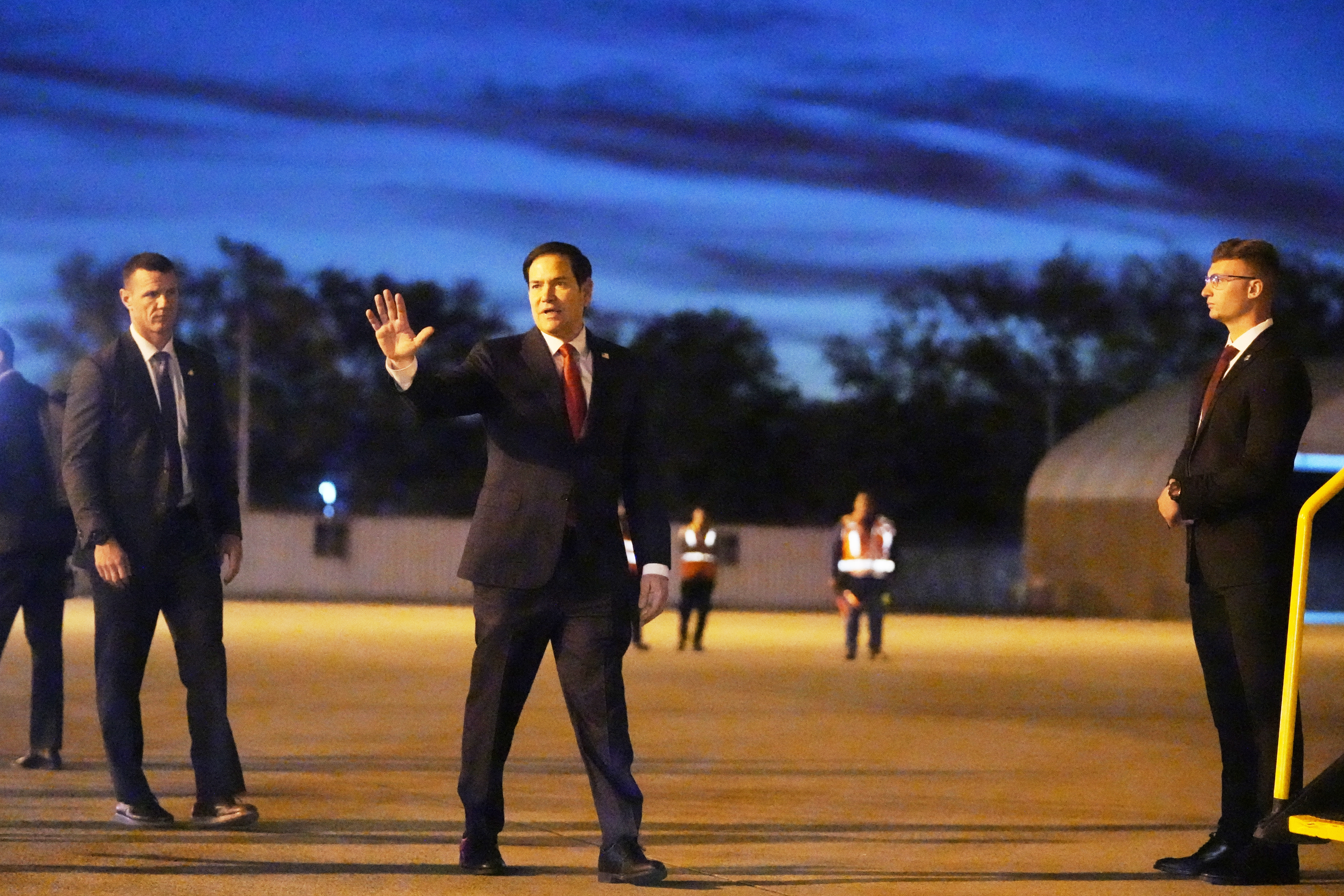 Secretary of State Marco Rubio boards a plane at El Salvador International Airport in San Luis Talpa, El Salvador, Tuesday, Feb. 4, 2025, en route to Costa Rica. (AP Photo/Mark Schiefelbein, Pool)