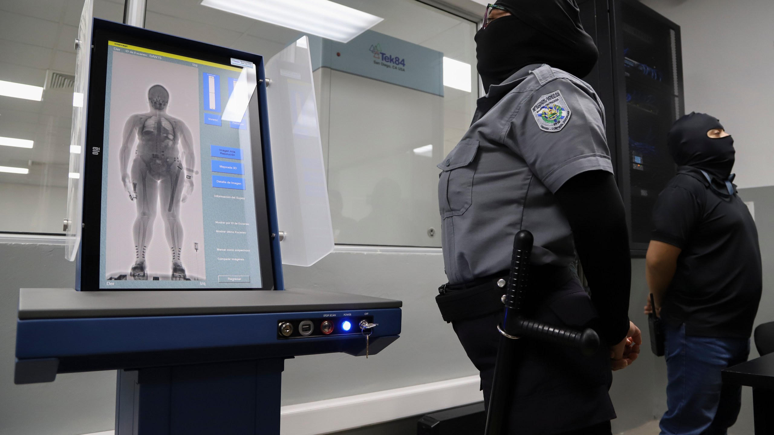 FILE - A body screening device used to register inmates is displayed during a media tour of the Terrorism Confinement Center, or CECOT, in Tecoluca, El Salvador, Feb. 2, 2023. (AP Photo/Salvador Melendez, File)