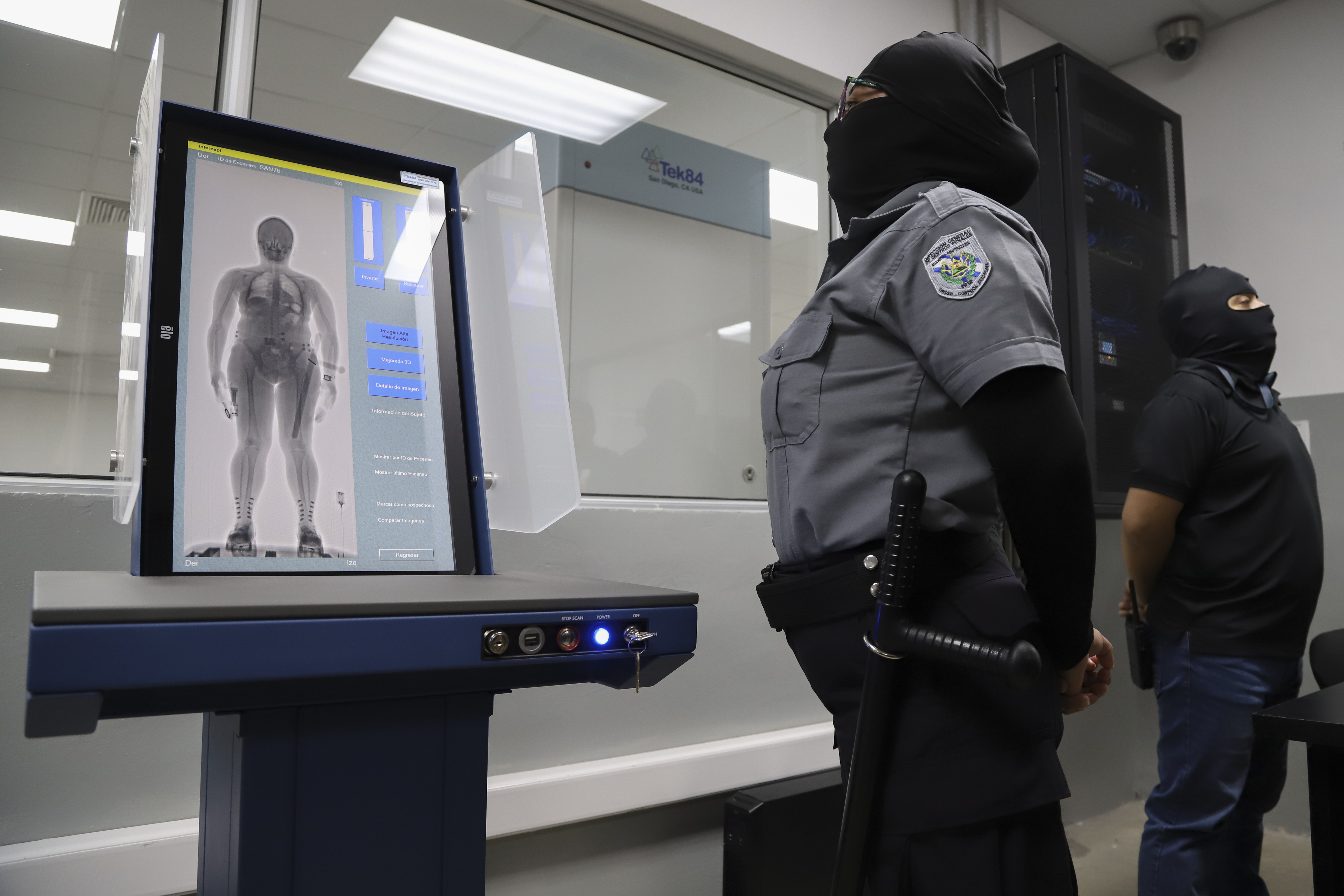 FILE - A body screening device used to register inmates is displayed during a media tour of the Terrorism Confinement Center, or CECOT, in Tecoluca, El Salvador, Feb. 2, 2023. (AP Photo/Salvador Melendez, File)