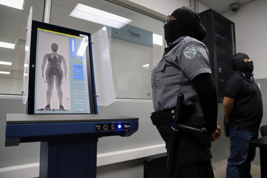 FILE - A body screening device used to register inmates is displayed during a media tour of the Terrorism Confinement Center, or CECOT, in Tecoluca, El Salvador, Feb. 2, 2023. (AP Photo/Salvador Melendez, File)