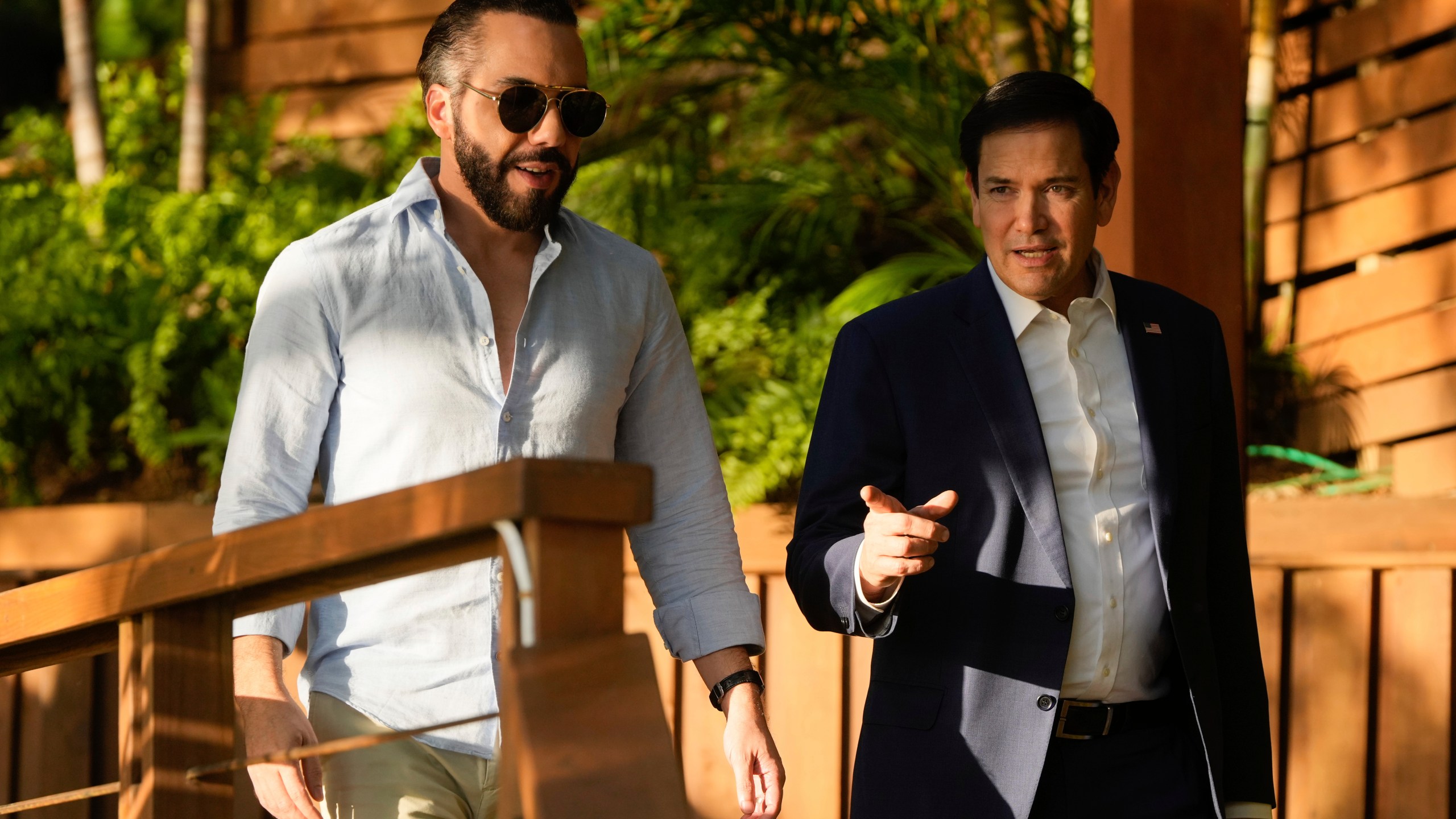 U.S. Secretary of State Marco Rubio meets with President Nayib Bukele at his residence at Lake Coatepeque in El Salvador, Monday, Feb. 3, 2025. (AP Photo/Mark Schiefelbein, Pool)