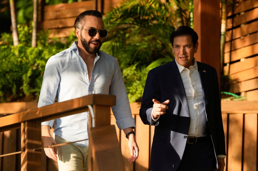 U.S. Secretary of State Marco Rubio meets with President Nayib Bukele at his residence at Lake Coatepeque in El Salvador, Monday, Feb. 3, 2025. (AP Photo/Mark Schiefelbein, Pool)