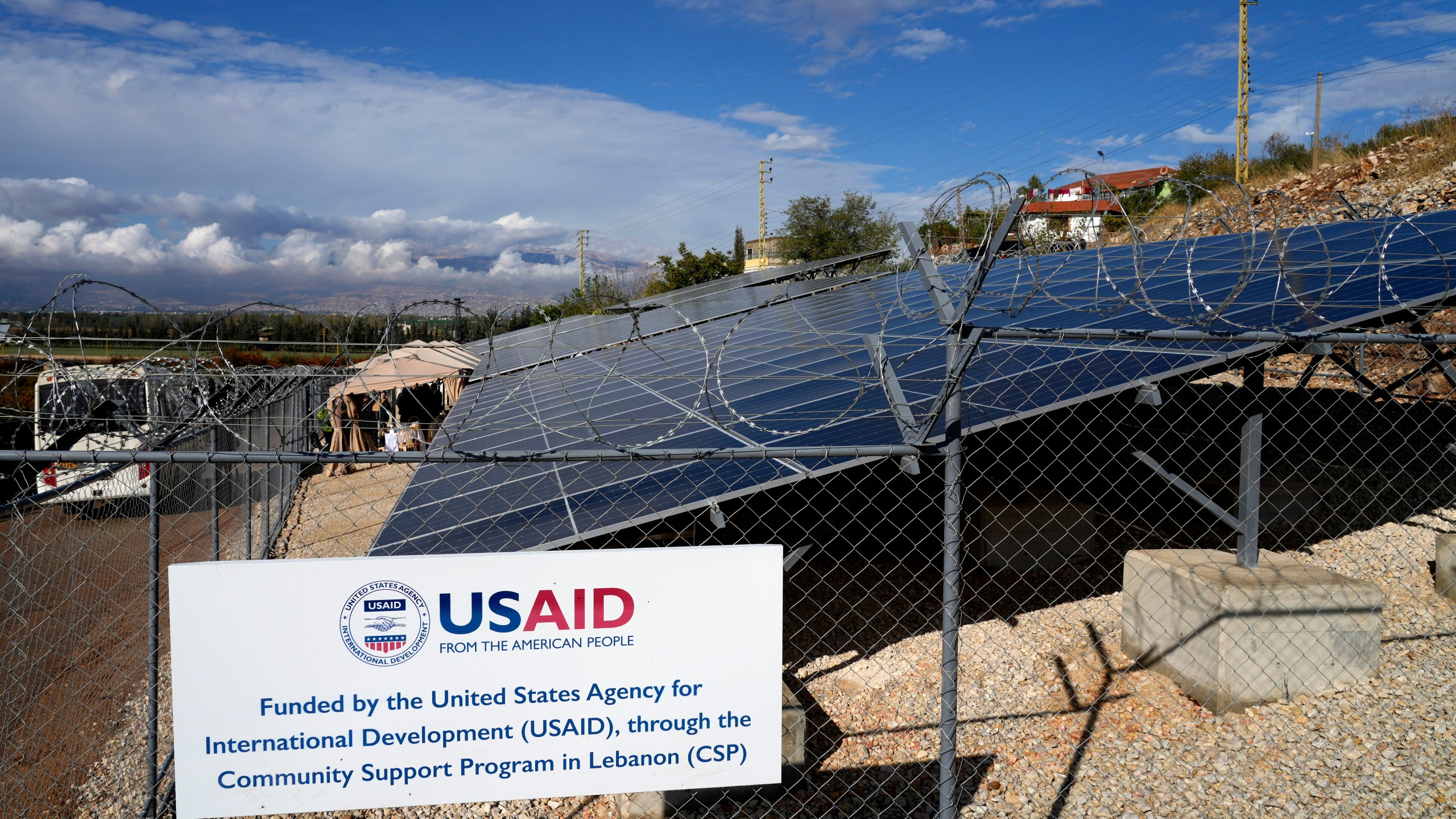 FILE - Solar panels system funded by United States Agency for International Development (USAID) are seen in the Lebanese-Syrian border town of Majdal Anjar, eastern Bekaa valley, Lebanon, Nov. 9, 2022. (AP Photo/Bilal Hussein, File)