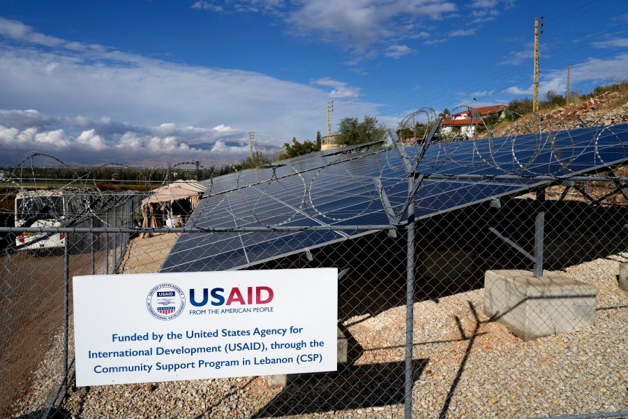 FILE - Solar panels system funded by United States Agency for International Development (USAID) are seen in the Lebanese-Syrian border town of Majdal Anjar, eastern Bekaa valley, Lebanon, Nov. 9, 2022. (AP Photo/Bilal Hussein, File)