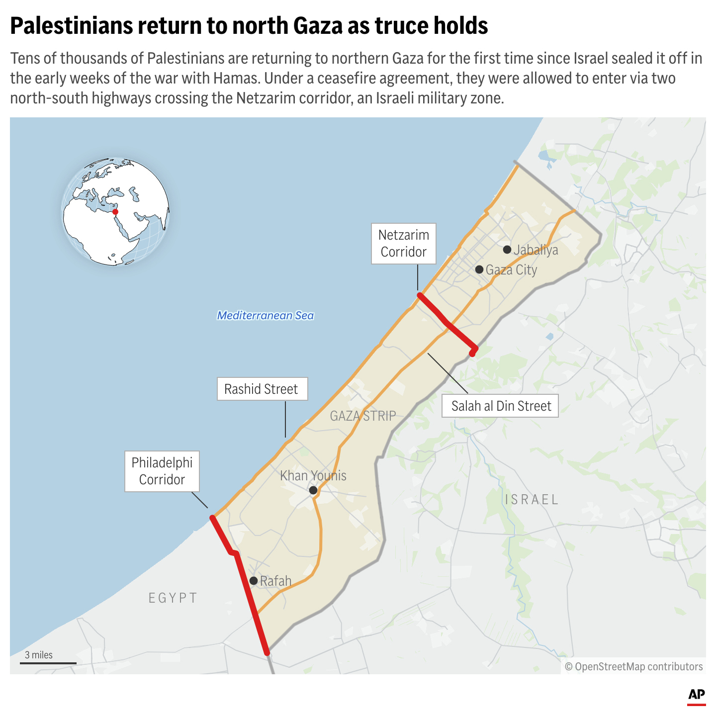 Tens of thousands of Palestinians are returning to northern Gaza for the first time since Israel sealed it off in the early weeks of the war with Hamas. Under a ceasefire agreement, they were allowed to enter via two north-south highways crossing the Netzarim corridor, an Israeli military zone. (AP Digital Embed)