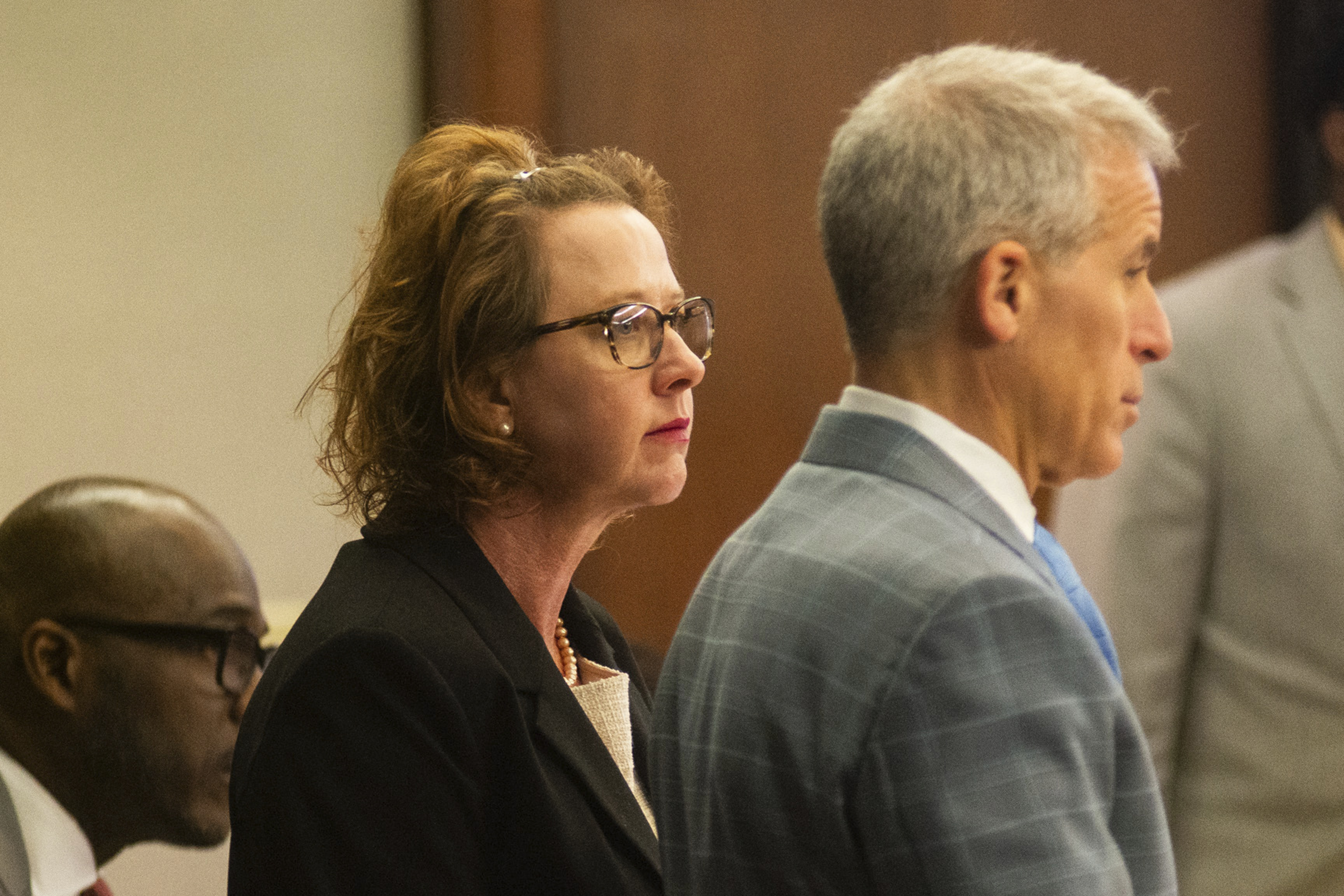 Jackie Johnson stands with her defense lawyer Brian Steel in the first day of her defense in her trial on the single remaining charge of violating her oath of office, Tuesday, Feb. 4, 2025, in Brunswick, Ga. (Terry Dickson/The Brunswick News via AP, Pool)