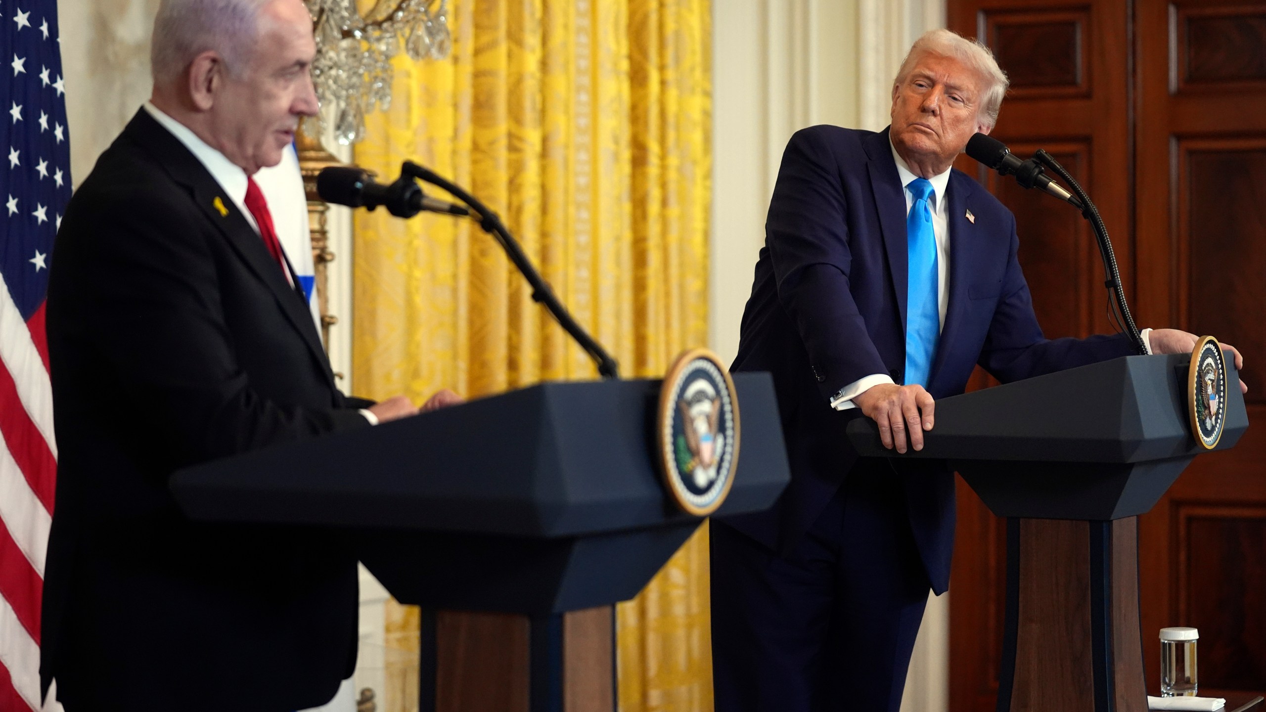 President Donald Trump and Israel's Prime Minister Benjamin Netanyahu speak during a news conference in the East Room of the White House, Tuesday, Feb. 4, 2025, in Washington. (AP Photo/Evan Vucci)