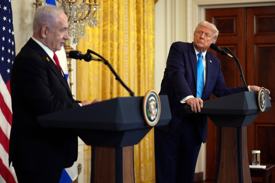 President Donald Trump and Israel's Prime Minister Benjamin Netanyahu speak during a news conference in the East Room of the White House, Tuesday, Feb. 4, 2025, in Washington. (AP Photo/Evan Vucci)