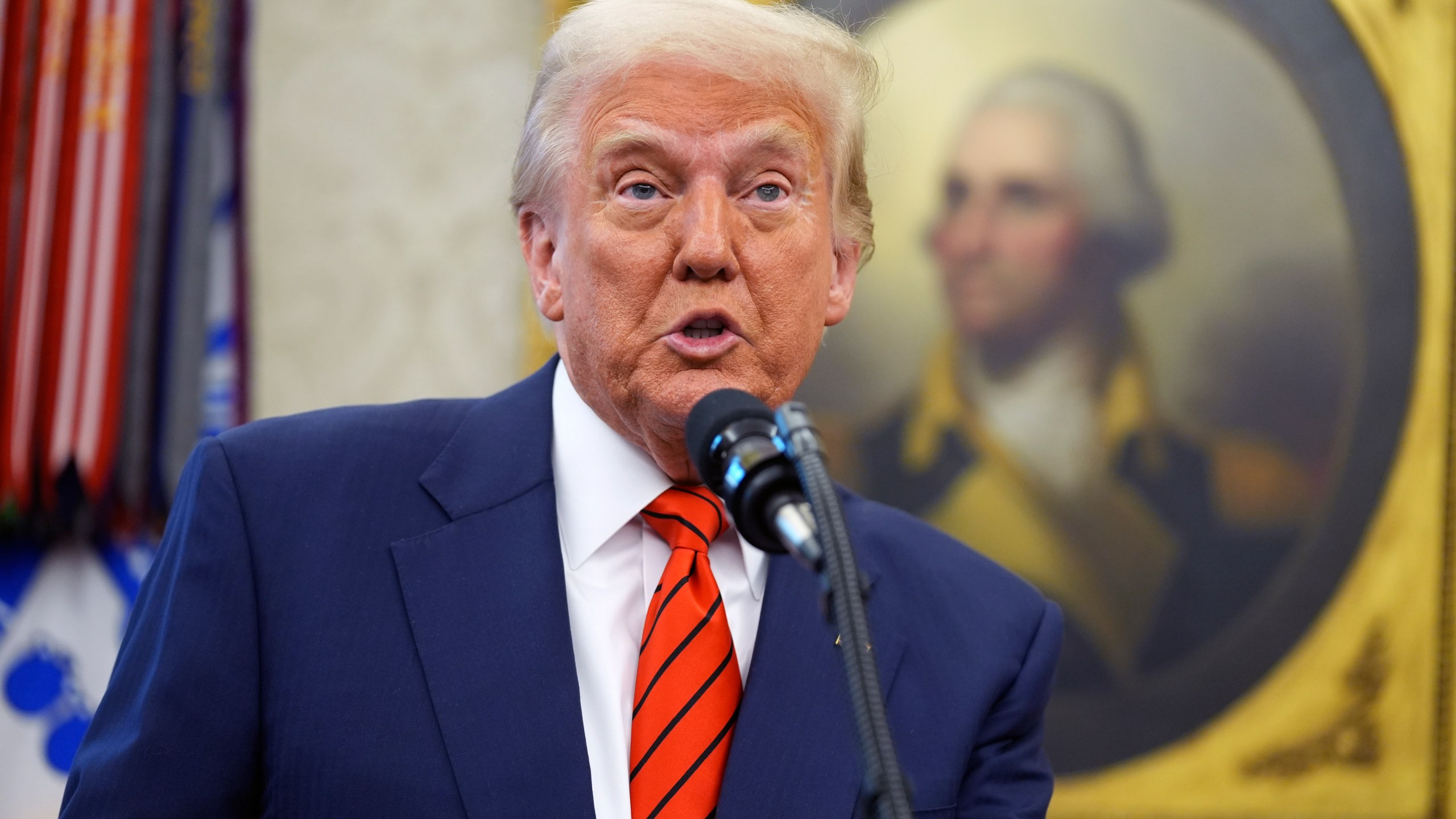 President Donald Trump speaks before Pam Bondi is sworn in as Attorney General by Supreme Court Associate Justice Clarence Thomas, in the Oval Office of the White House, Wednesday, Feb. 5, 2025, in Washington. (AP Photo/Evan Vucci)