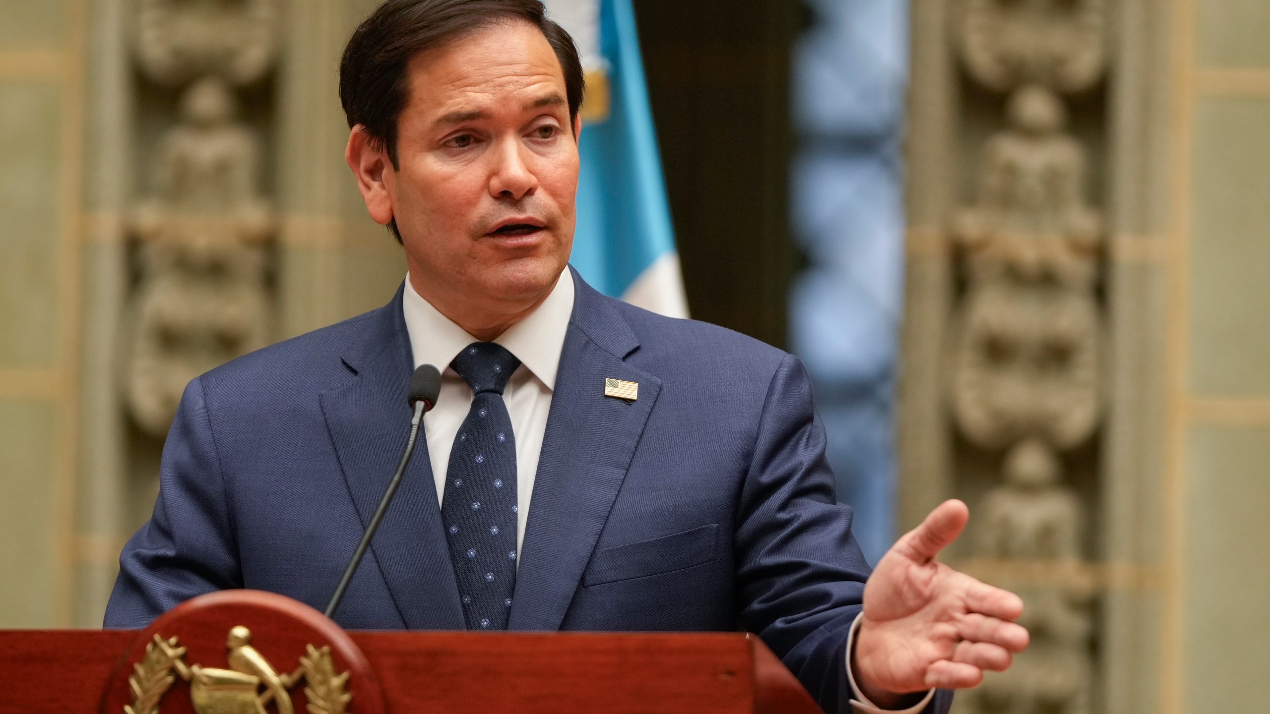 U.S. Secretary of State Marco Rubio gives a joint news conference with Guatemalan President Bernardo Arevalo at the National Palace in Guatemala City, Wednesday, Feb. 5, 2025. (AP Photo/Mark Schiefelbein, Pool)