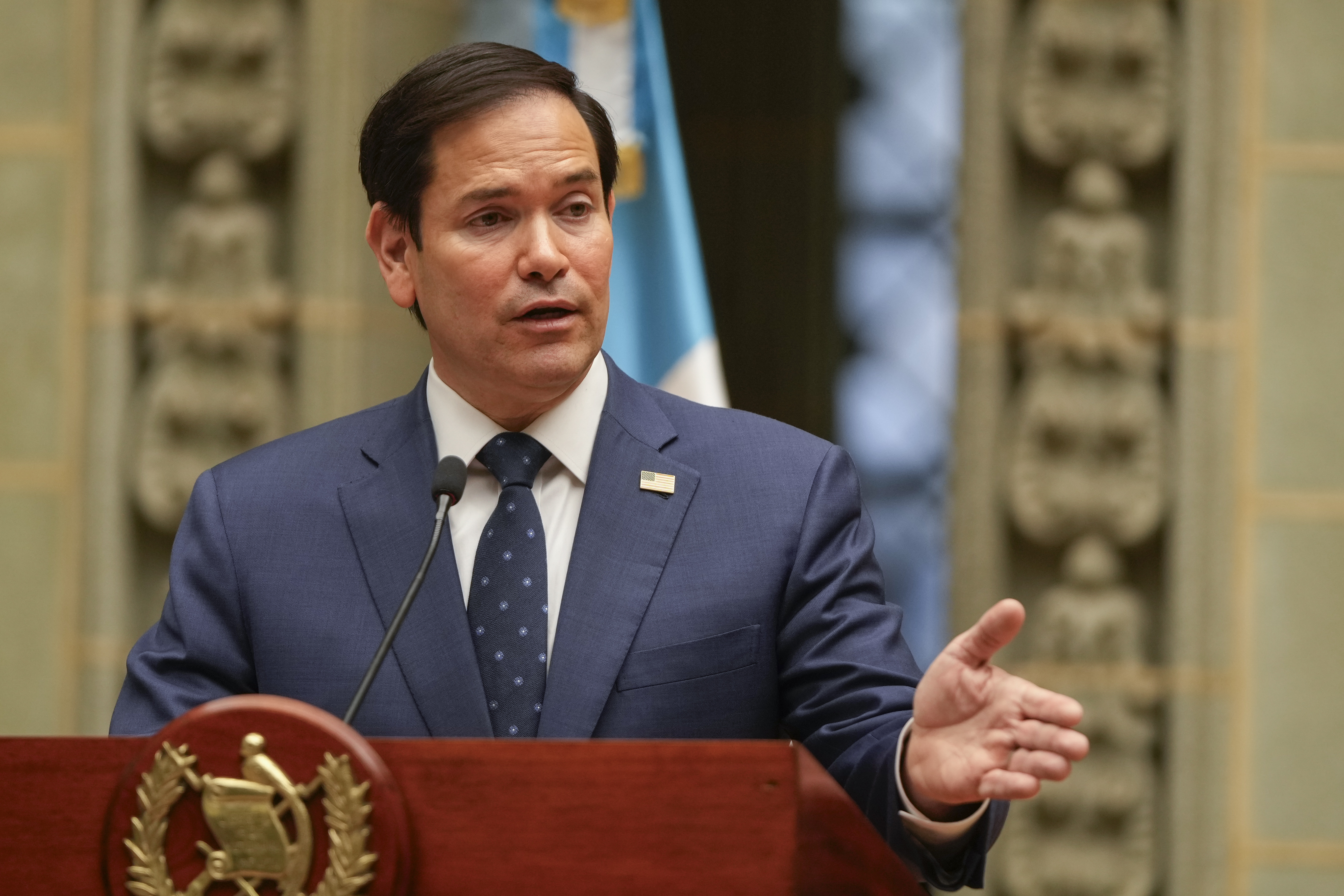 U.S. Secretary of State Marco Rubio gives a joint news conference with Guatemalan President Bernardo Arevalo at the National Palace in Guatemala City, Wednesday, Feb. 5, 2025. (AP Photo/Mark Schiefelbein, Pool)