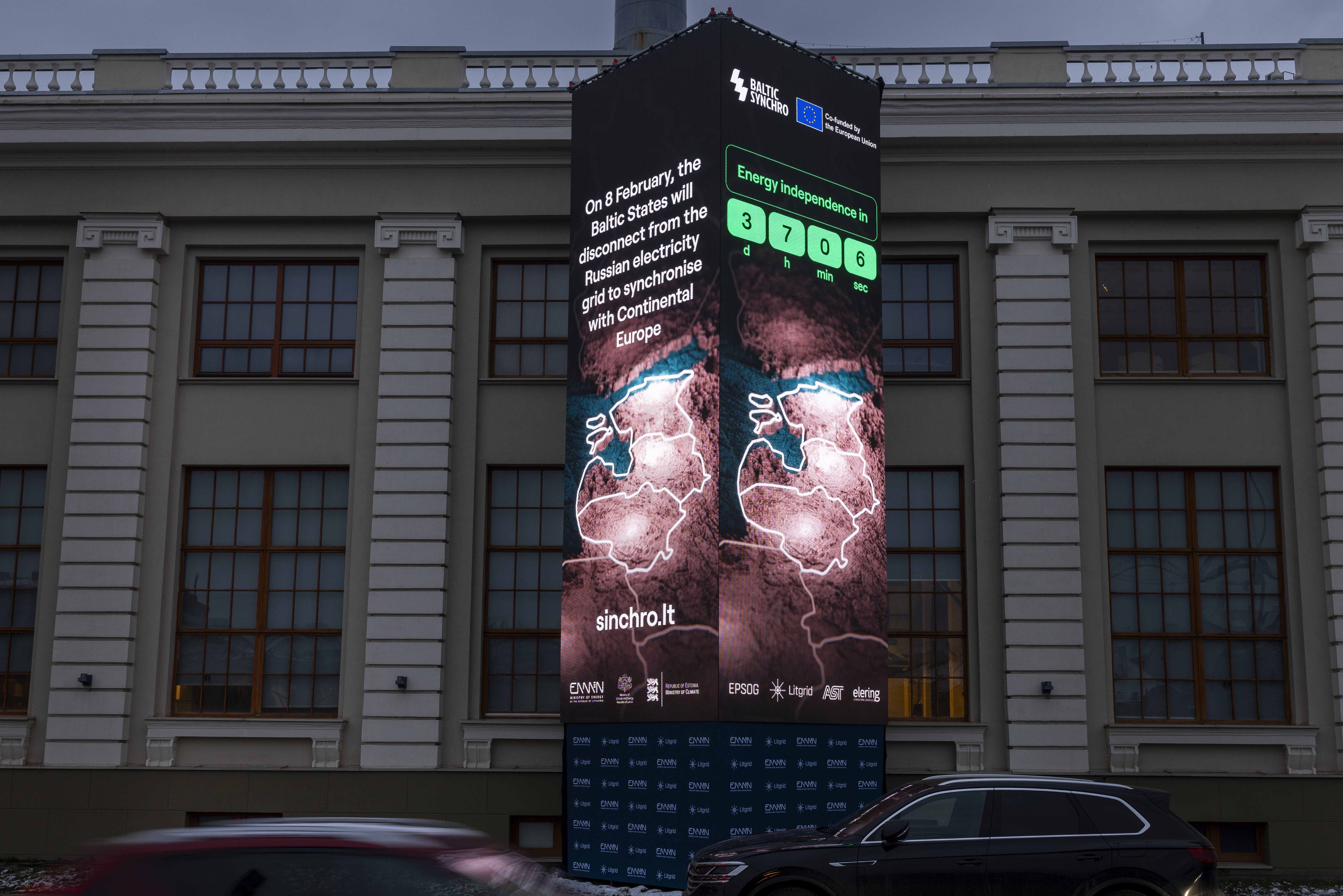 A screen near the Energy Museum and Mindaugas Bridge indicates that on February 8 the Baltic States will disconnect from the Russian electricity grid to synchronise with Continental Europe, in Vilnius, Lithuania, Tuesday, Feb. 4, 2025. (AP Photo/Mindaugas Kulbis)