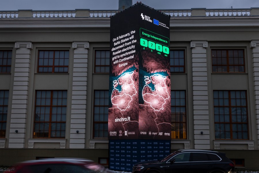 A screen near the Energy Museum and Mindaugas Bridge indicates that on February 8 the Baltic States will disconnect from the Russian electricity grid to synchronise with Continental Europe, in Vilnius, Lithuania, Tuesday, Feb. 4, 2025. (AP Photo/Mindaugas Kulbis)