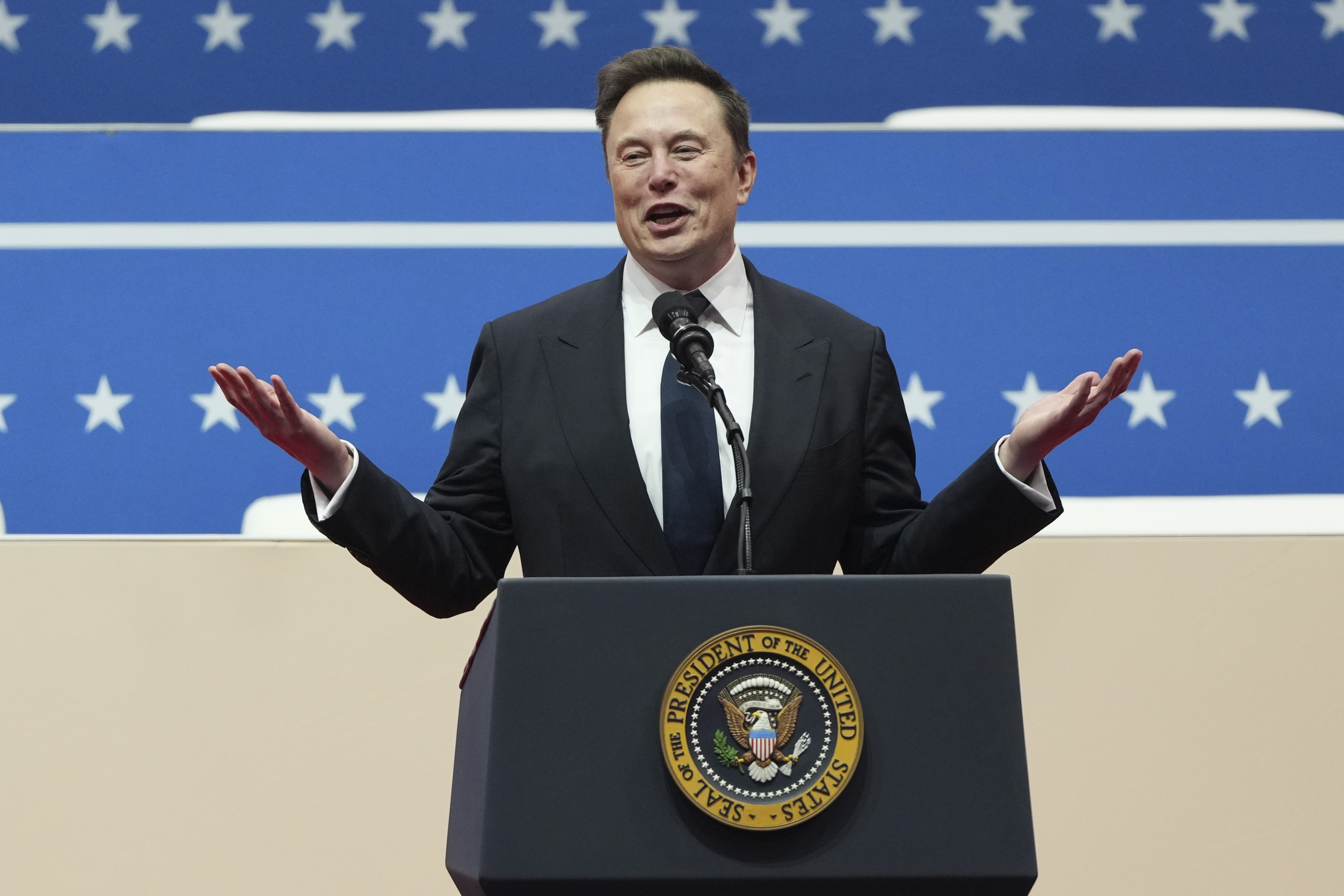 FILE - Elon Musk speaks at an indoor Presidential Inauguration parade event in Washington, Jan. 20, 2025. (AP Photo/Matt Rourke, File)