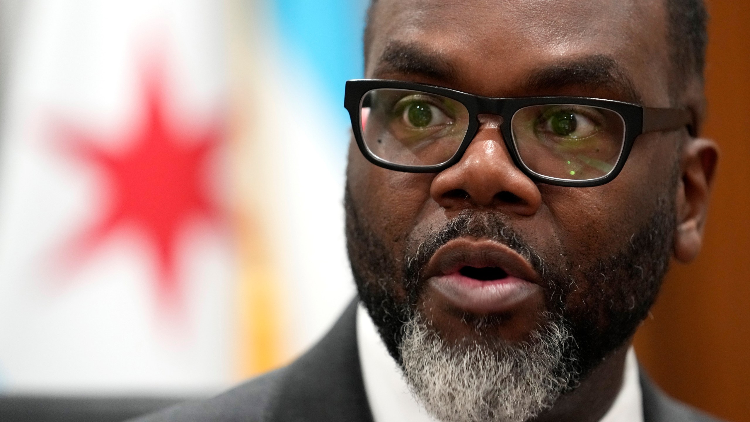 FILE - Chicago Mayor Brandon Johnson responds to a question in his City Hall office during an interview with The Associated Press Monday, May 6, 2024, in Chicago. (AP Photo/Charles Rex Arbogast, File)