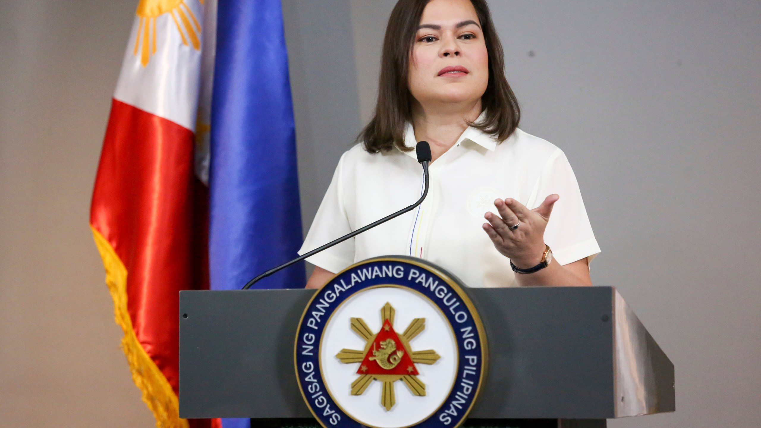 Philippine Vice President Sara Duterte gestures as she speaks during a press conference in Manila, Philippines on Friday, Feb. 7, 2025. (AP Photo/Basilio Sepe)