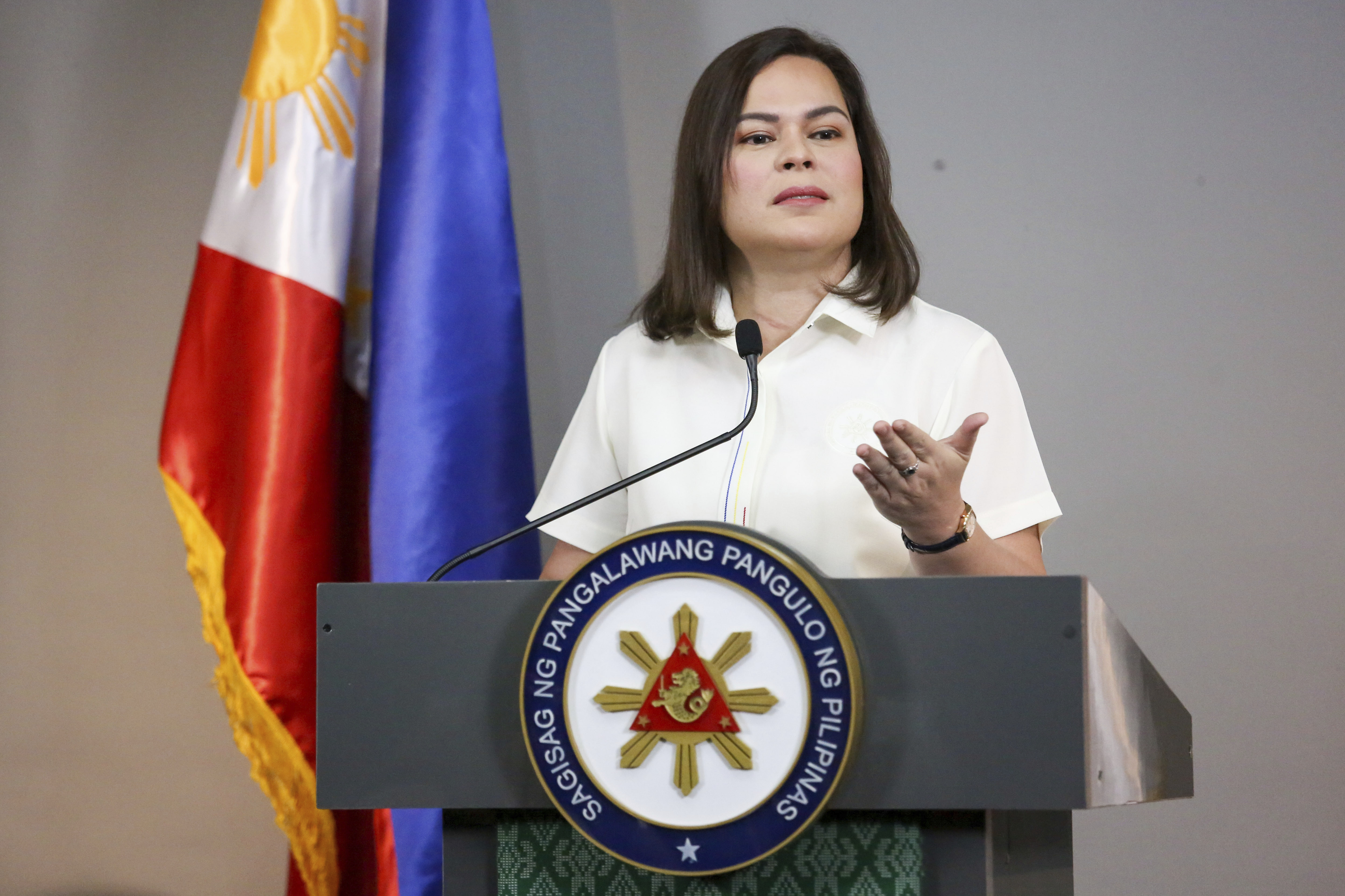 Philippine Vice President Sara Duterte gestures as she speaks during a press conference in Manila, Philippines on Friday, Feb. 7, 2025. (AP Photo/Basilio Sepe)