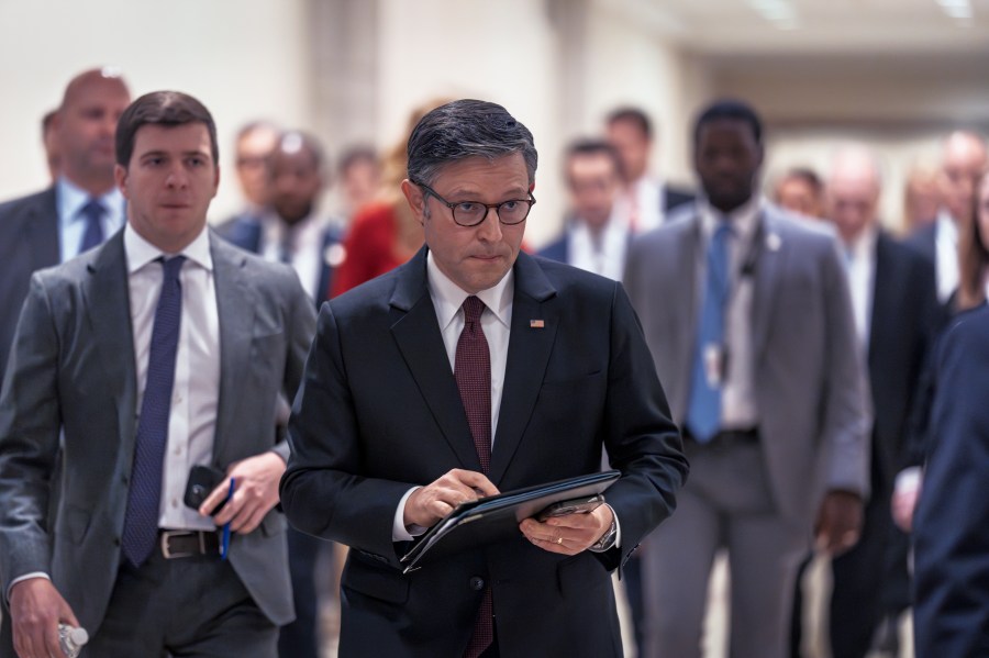 Speaker of the House Mike Johnson, R-La., arrives to speak with reporters to discuss the Trump agenda following a closed-door strategy session, at the Capitol in Washington, Wednesday, Feb. 5, 2025. (AP Photo/J. Scott Applewhite)