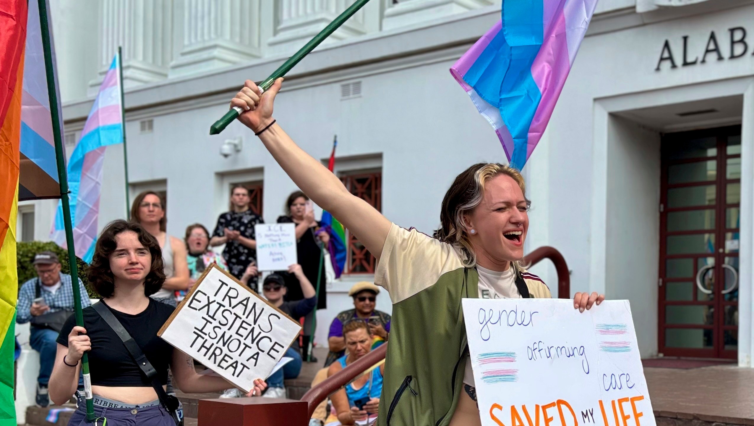 Demonstrators march to the Alabama Capitol in Montgomery, Ala., on Feb. 5, 2025 to protest bills that would impact transgender people. (AP Photo/Kim Chandler)