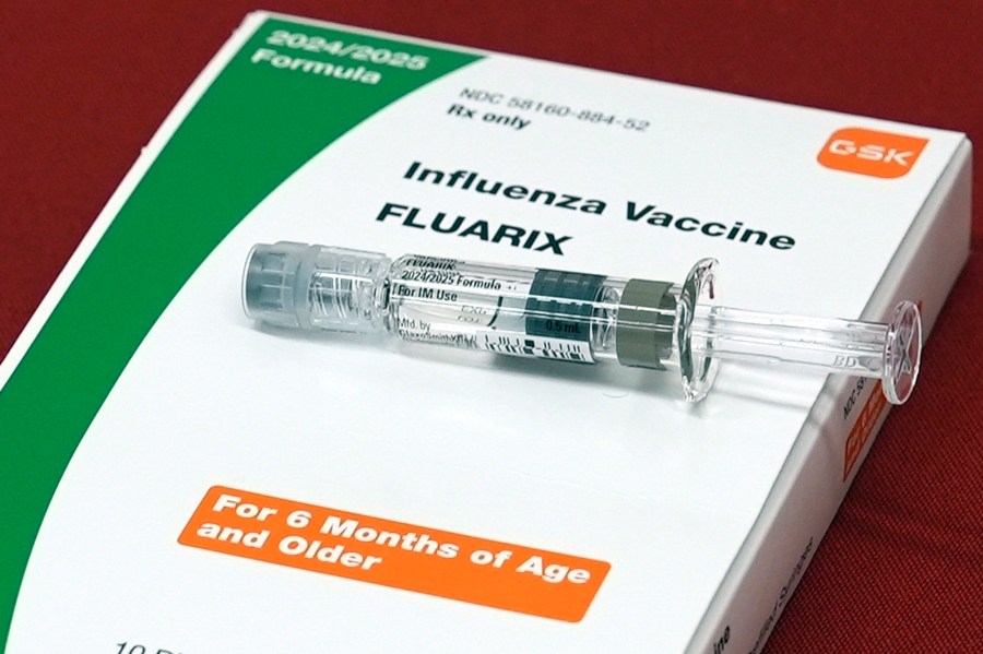 FILE - A flu vaccine is displayed at a pharmacy in New York, on Tuesday, Sept. 24, 2024. (AP Photo/Mary Conlon, File)