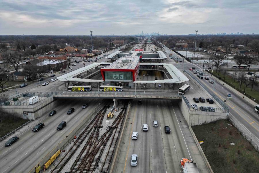 FILE - Cars pass the 95th Street Red Line Station, the train station currently the farthest south on the line and where the Chicago Transit Authority plans to extend from in 2025, Thursday, Dec. 19, 2024, in Chicago. (AP Photo/Erin Hooley, File)