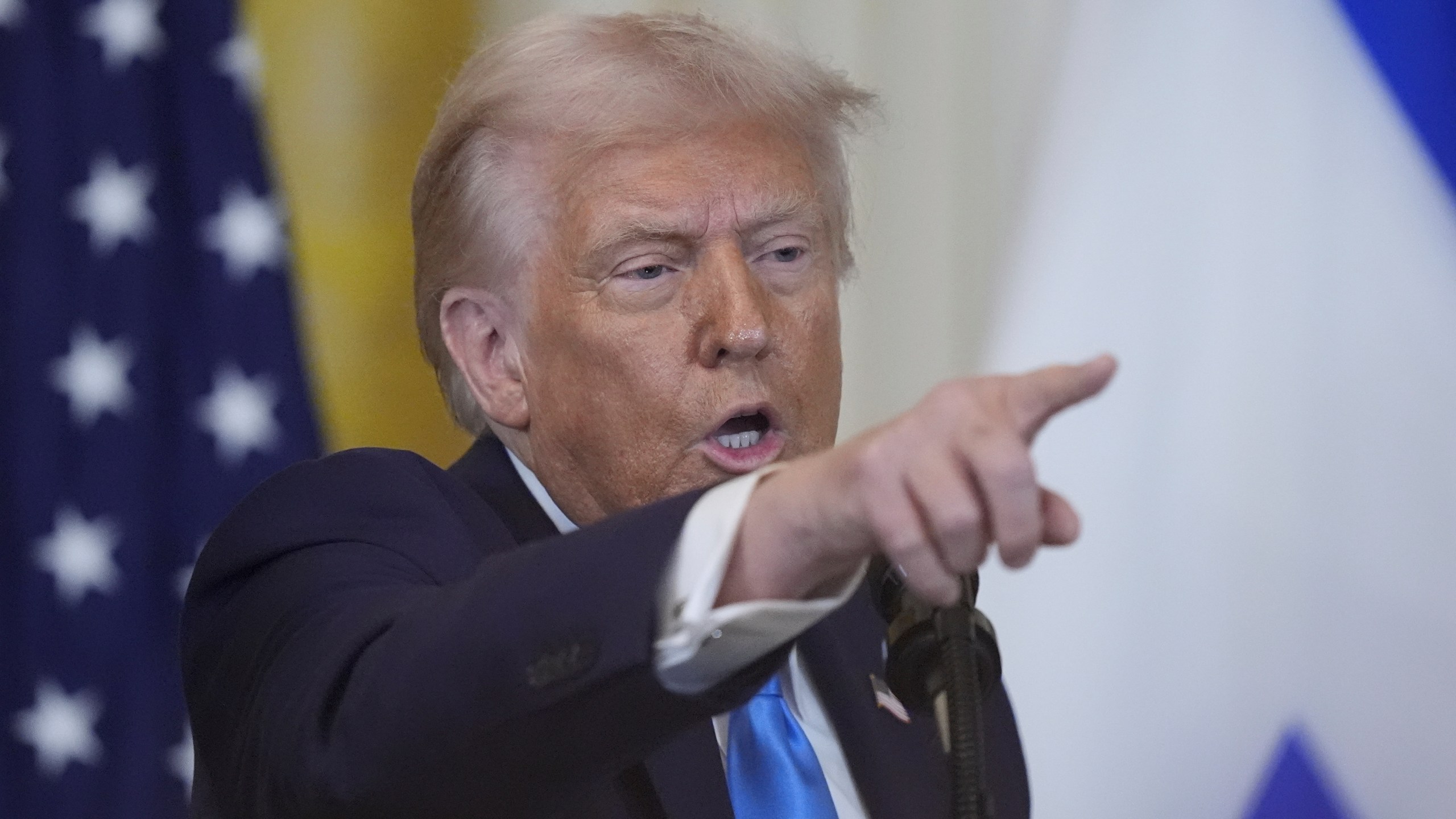 President Donald Trump and Israeli Prime Minister Benjamin Netanyahu take questions during a news conference in the East Room of the White House, Tuesday, Feb. 4, 2025, in Washington. (AP Photo/Alex Brandon)