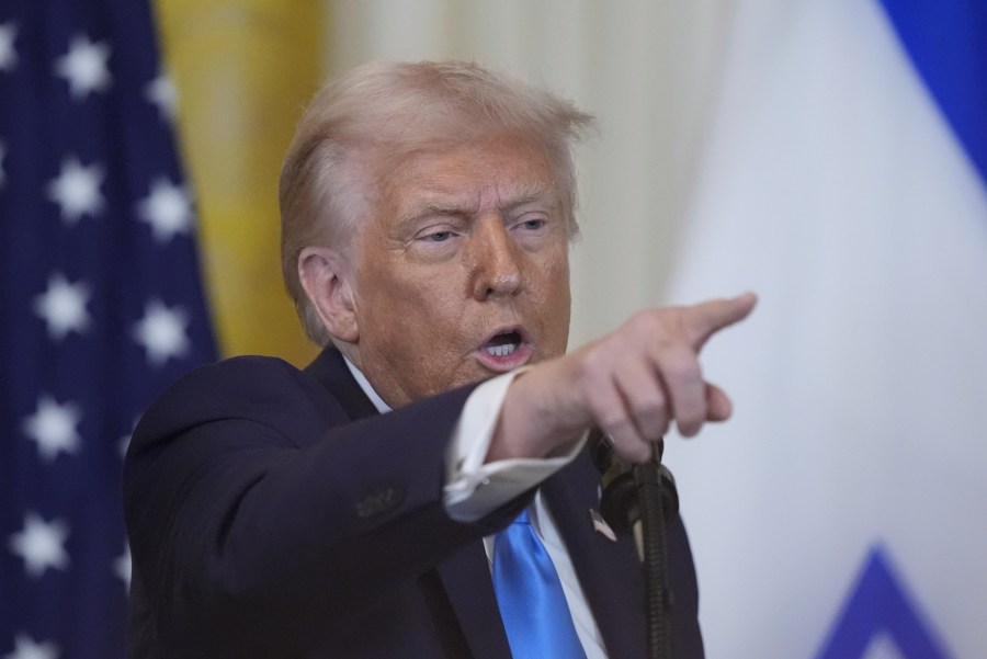 President Donald Trump and Israeli Prime Minister Benjamin Netanyahu take questions during a news conference in the East Room of the White House, Tuesday, Feb. 4, 2025, in Washington. (AP Photo/Alex Brandon)