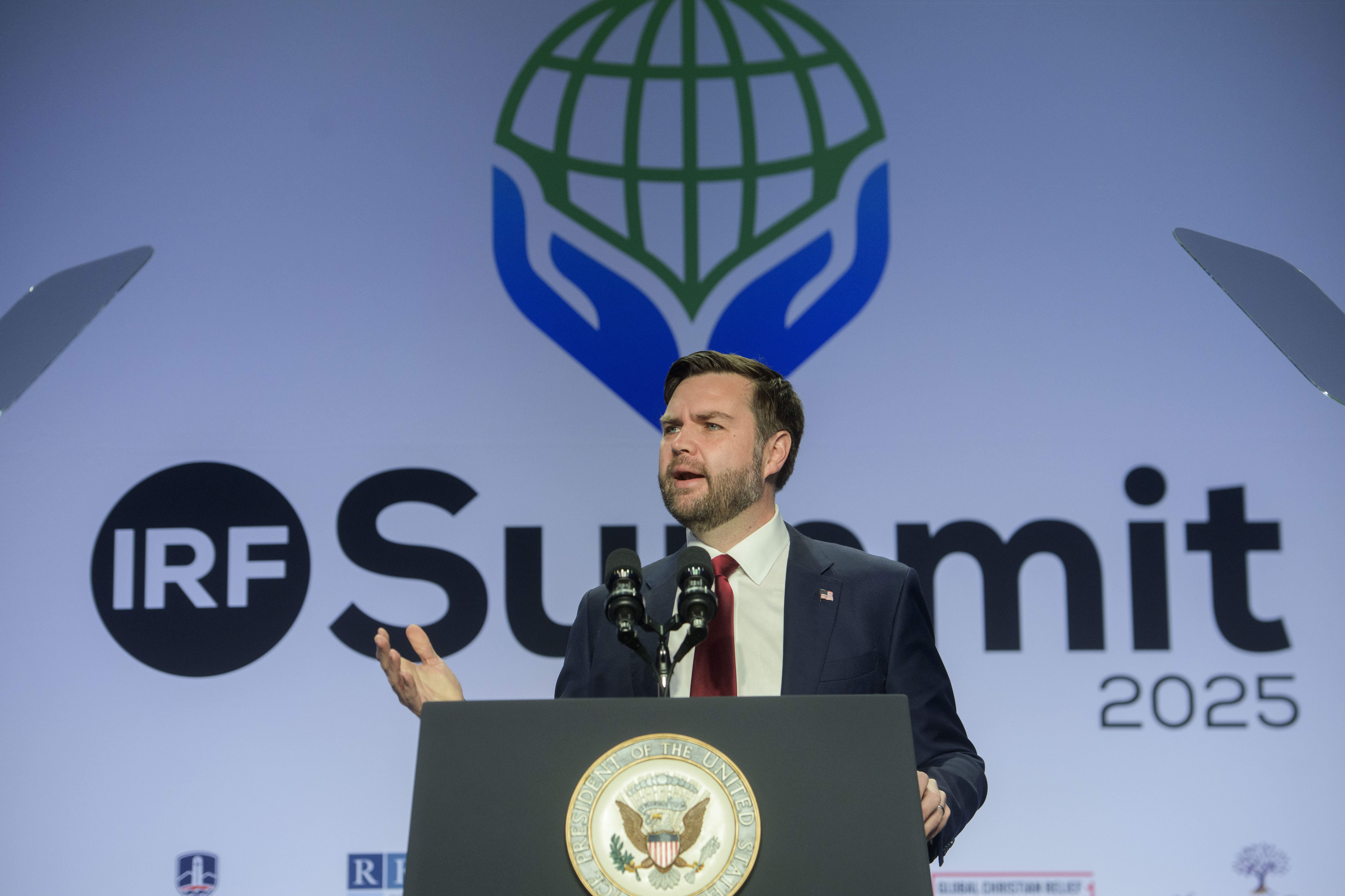 Vice President JD Vance speaks at the International Religious Freedom Summit at the Washington Hilton, Wednesday, Feb. 5, 2025, in Washington. (AP Photo/Rod Lamkey, Jr.)