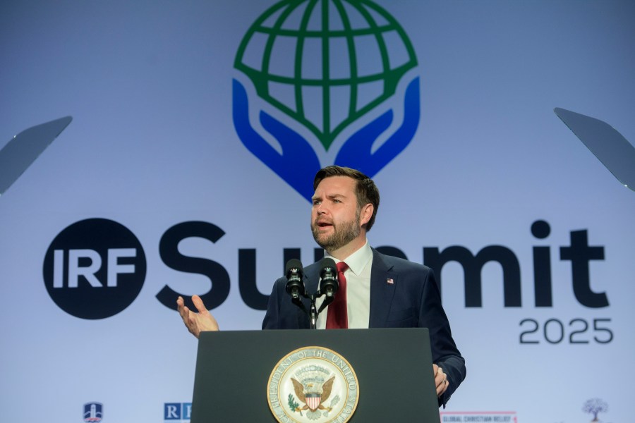 Vice President JD Vance speaks at the International Religious Freedom Summit at the Washington Hilton, Wednesday, Feb. 5, 2025, in Washington. (AP Photo/Rod Lamkey, Jr.)