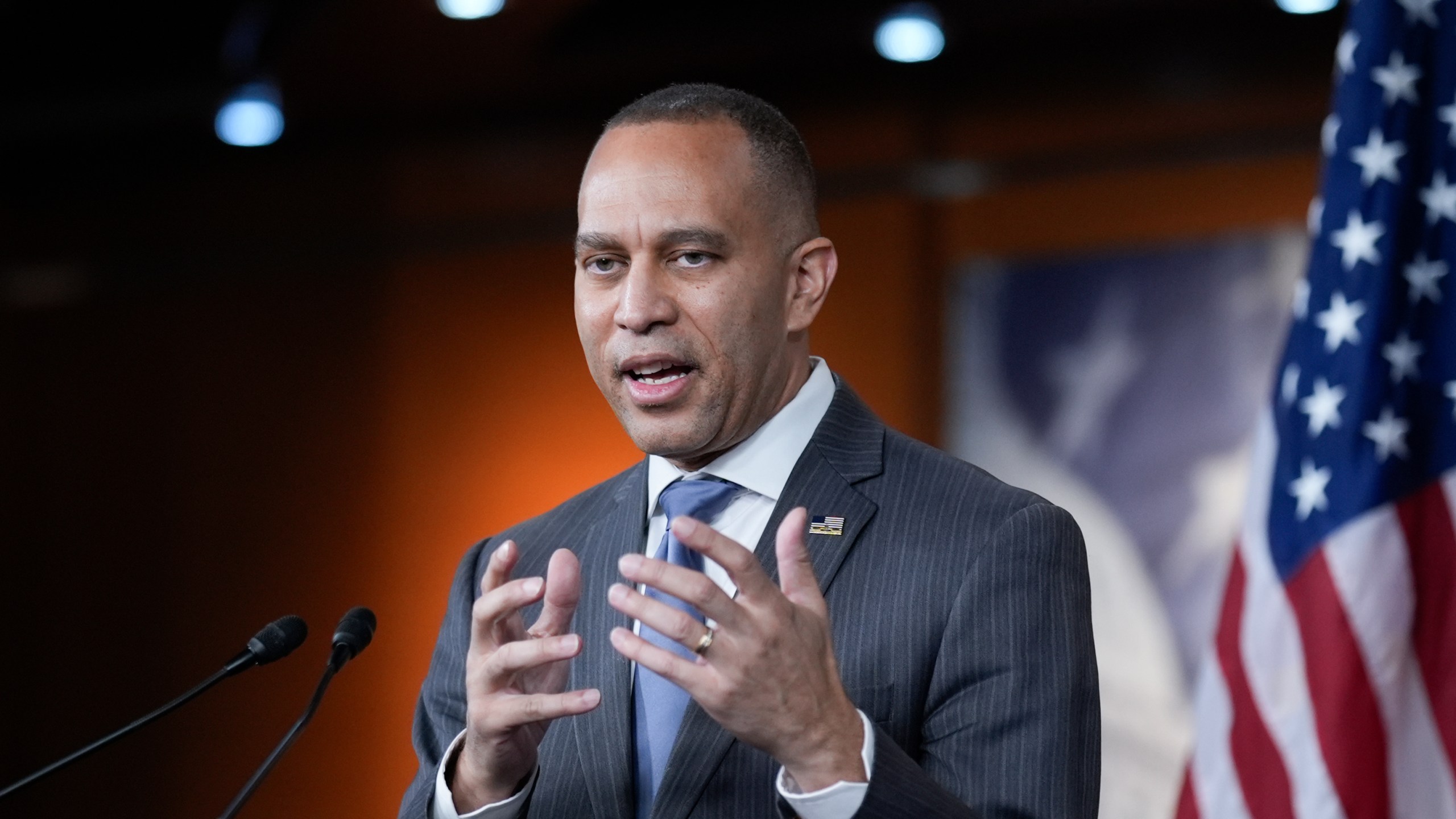 House Minority Leader Hakeem Jeffries, D-N.Y., speaks to reporters at his weekly news conference at the Capitol in Washington, Friday, Feb. 7, 2025. (AP Photo/J. Scott Applewhite)