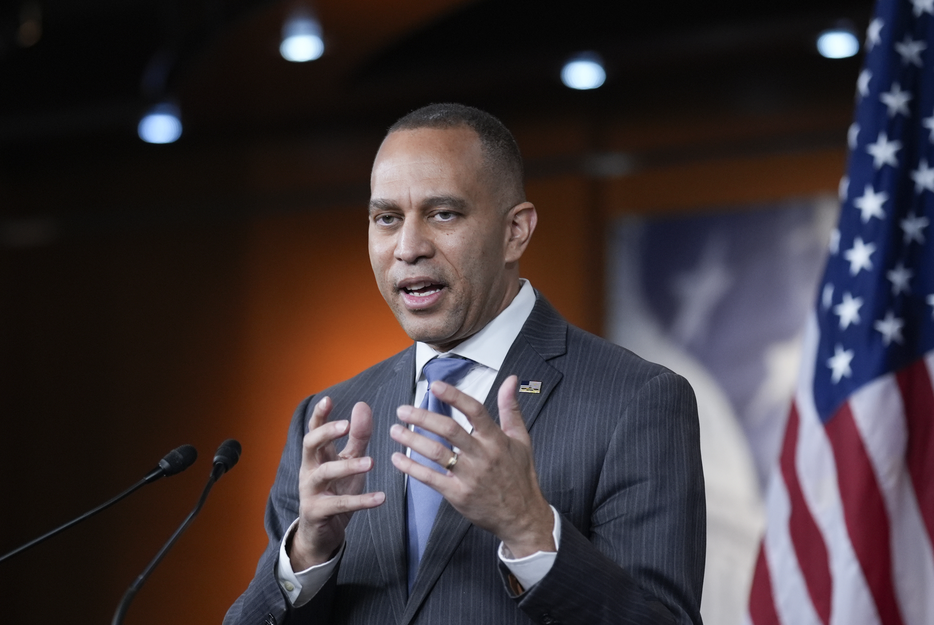 House Minority Leader Hakeem Jeffries, D-N.Y., speaks to reporters at his weekly news conference at the Capitol in Washington, Friday, Feb. 7, 2025. (AP Photo/J. Scott Applewhite)