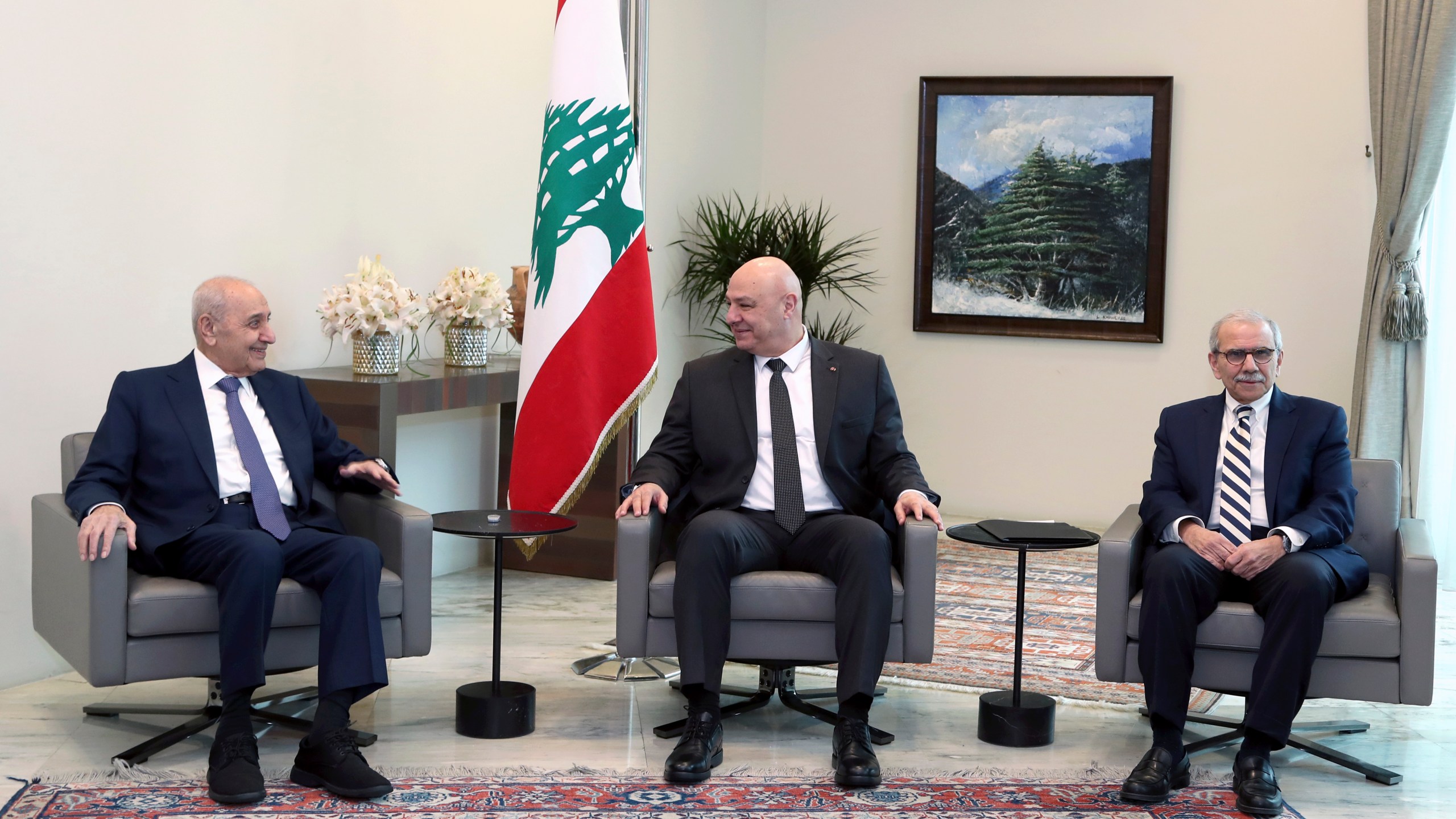 In this photo released by the Lebanese Presidency Press Office, Lebanese president Joseph Aoun, center, meets with Prime Minister-designate Nawaf Salam, right, and parliament speaker Nabih Berri, left, in Baabda, east of Beirut, Lebanon, Thursday, Feb. 6, 2025. (Lebanese Presidency press office via AP)