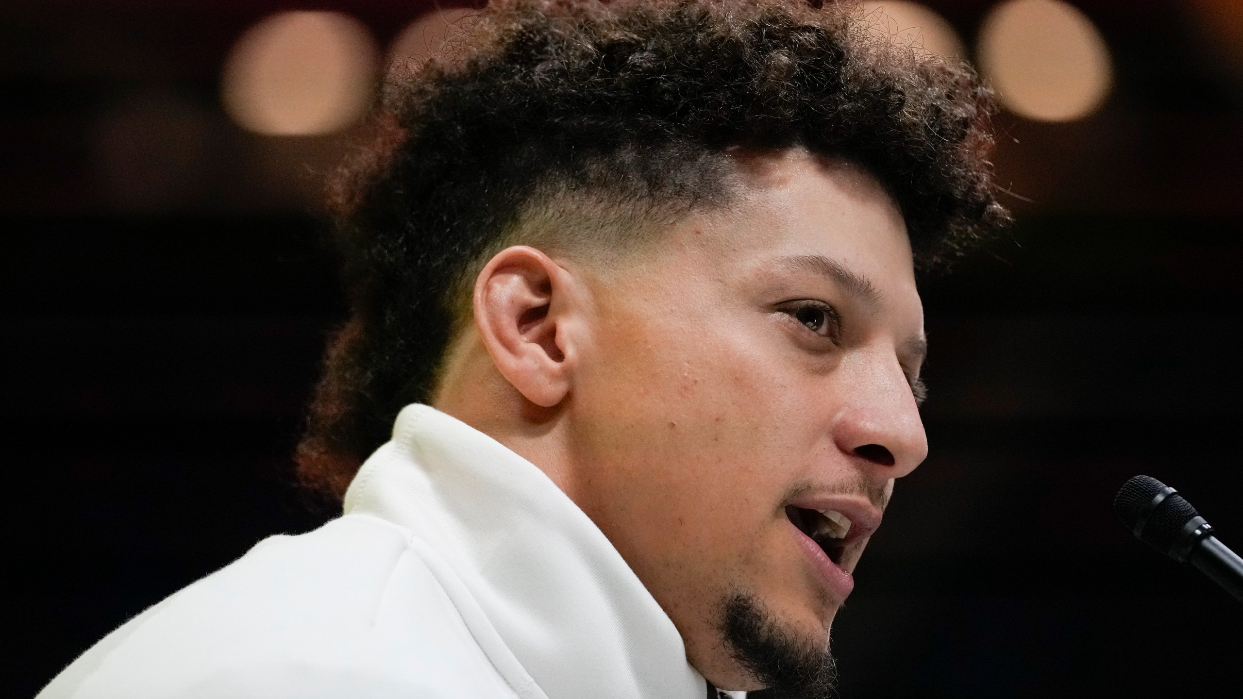 FILE - Kansas City Chiefs quarterback Patrick Mahomes (15) participates during Super Bowl 59 Opening Night, Monday, Feb. 3, 2025, in New Orleans, ahead of the NFL football game between the Philadelphia Eagles and the Kansas City Chiefs Sunday. (AP Photo/Matt York, File)