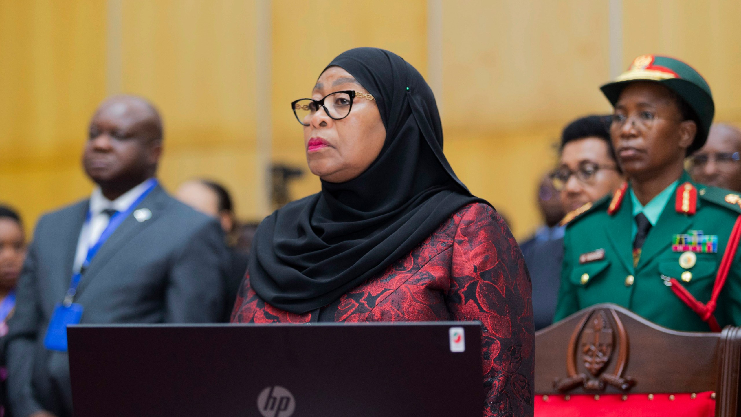 Tanzania President Samia Suluhu, attends a joint summit to address conflict in Eastern Democratic Republic of Congo, hosted by the Southern African Development Community (SADC) and the East Africa Community (EAC) in Dar es Salaam, Tanzania Saturday, Feb. 8, 2025. (AP Photo/Elia Yunga)