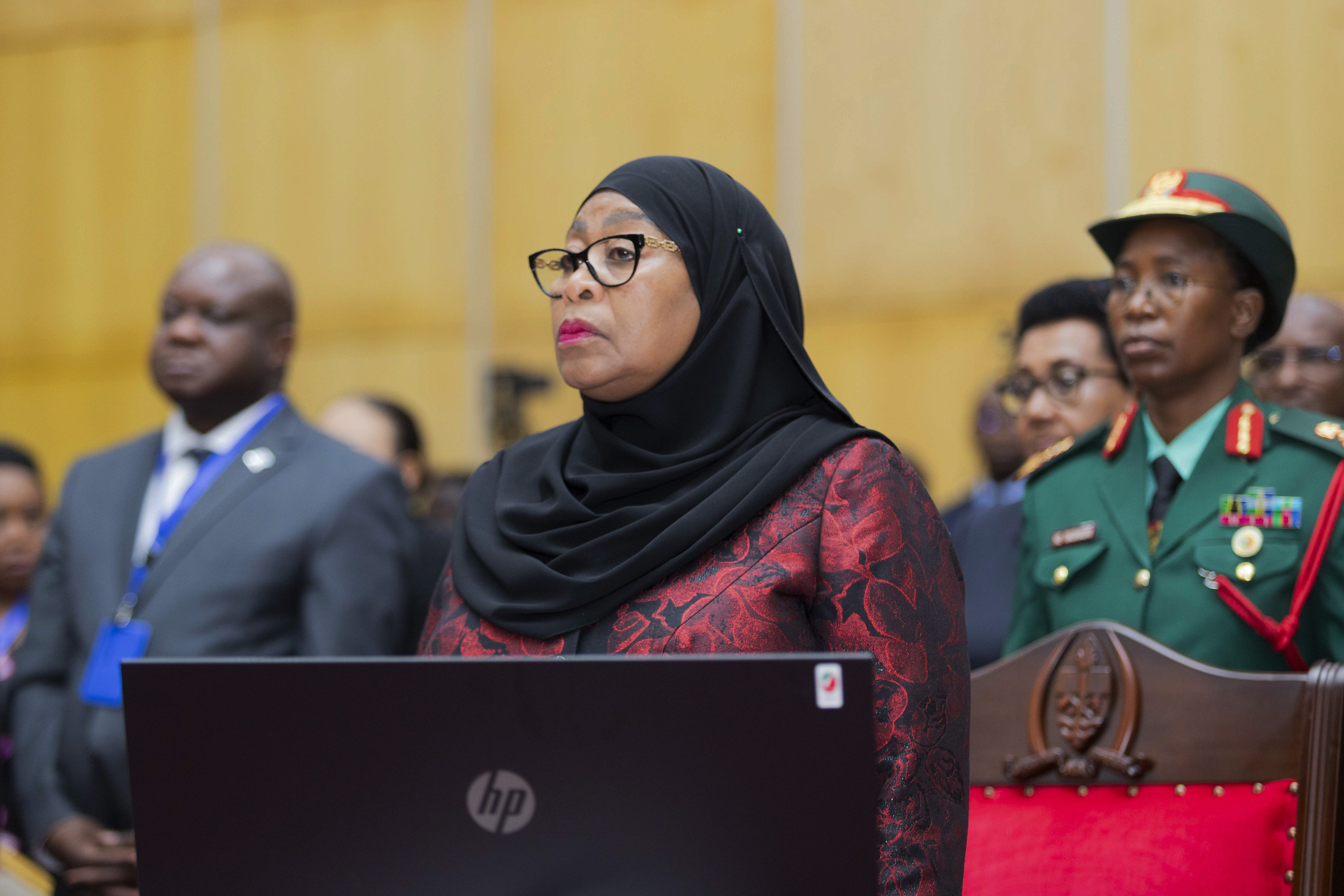 Tanzania President Samia Suluhu, attends a joint summit to address conflict in Eastern Democratic Republic of Congo, hosted by the Southern African Development Community (SADC) and the East Africa Community (EAC) in Dar es Salaam, Tanzania Saturday, Feb. 8, 2025. (AP Photo/Elia Yunga)