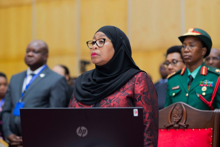 Tanzania President Samia Suluhu, attends a joint summit to address conflict in Eastern Democratic Republic of Congo, hosted by the Southern African Development Community (SADC) and the East Africa Community (EAC) in Dar es Salaam, Tanzania Saturday, Feb. 8, 2025. (AP Photo/Elia Yunga)