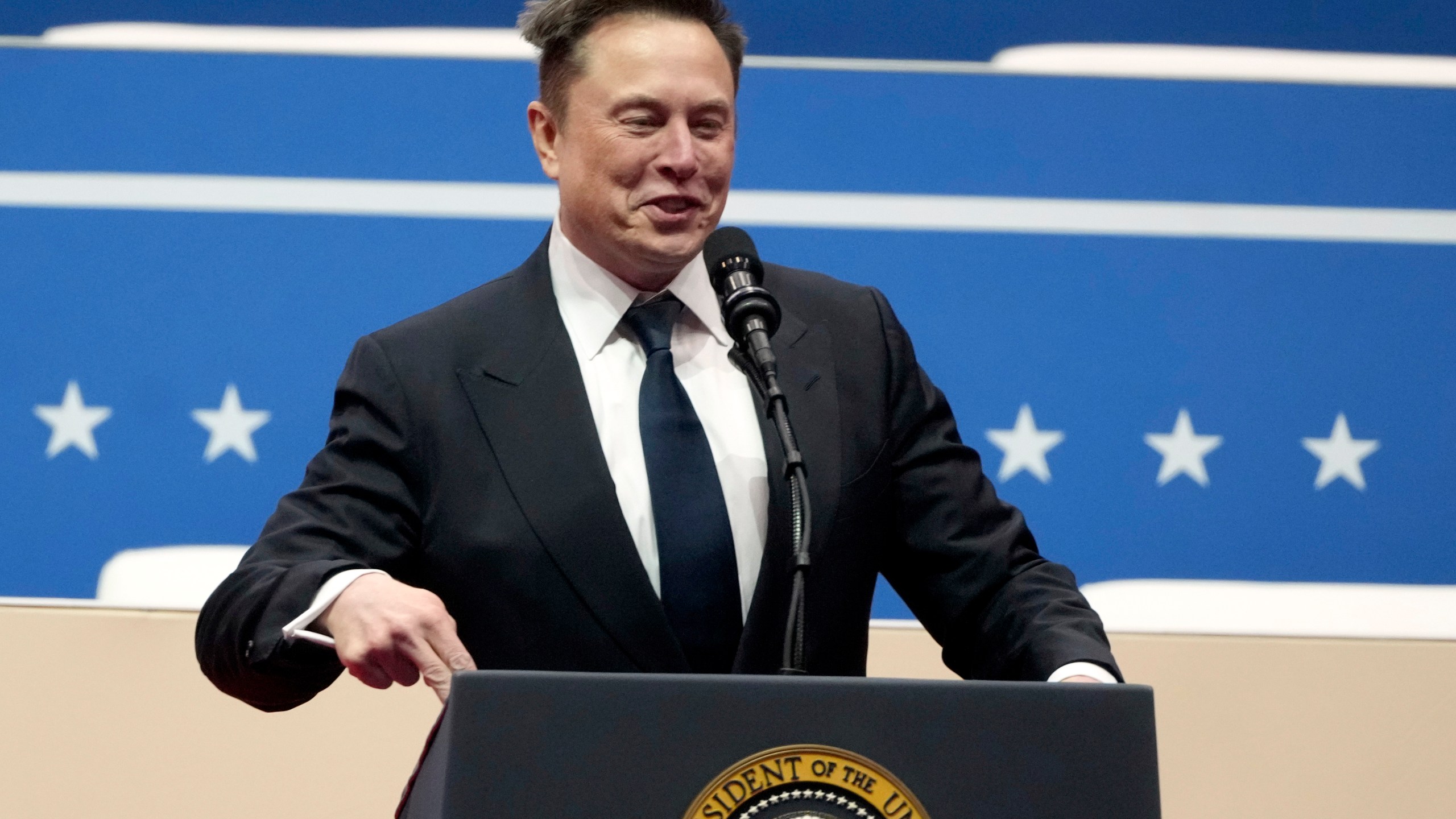 FILE - Elon Musk speaks at an indoor Presidential Inauguration parade event in Washington, Jan. 20, 2025. (AP Photo/Matt Rourke, File)