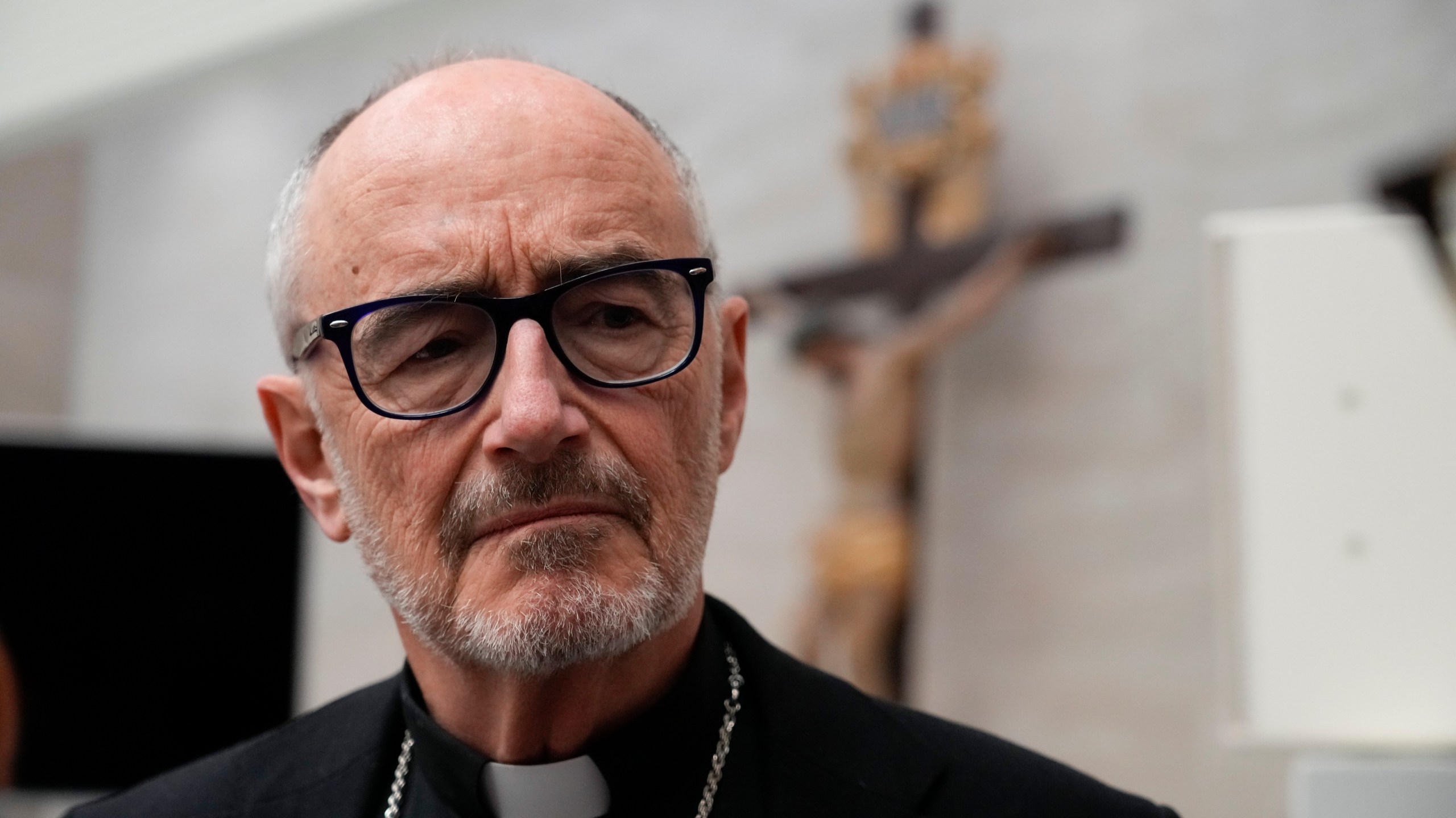 FILE - Cardinal Michael Czerny meets with journalists at the Vatican press hall, in Rome, on March 30, 2023. (AP Photo/Gregorio Borgia, File)