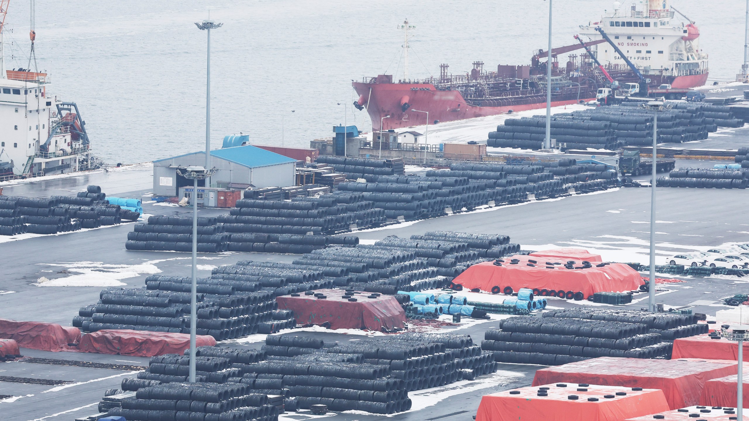 Steel products are seen at a port in Pyeongtaek, South Korea, Monday, Feb. 10, 2025. (Hong Ki-won/Yonhap via AP)