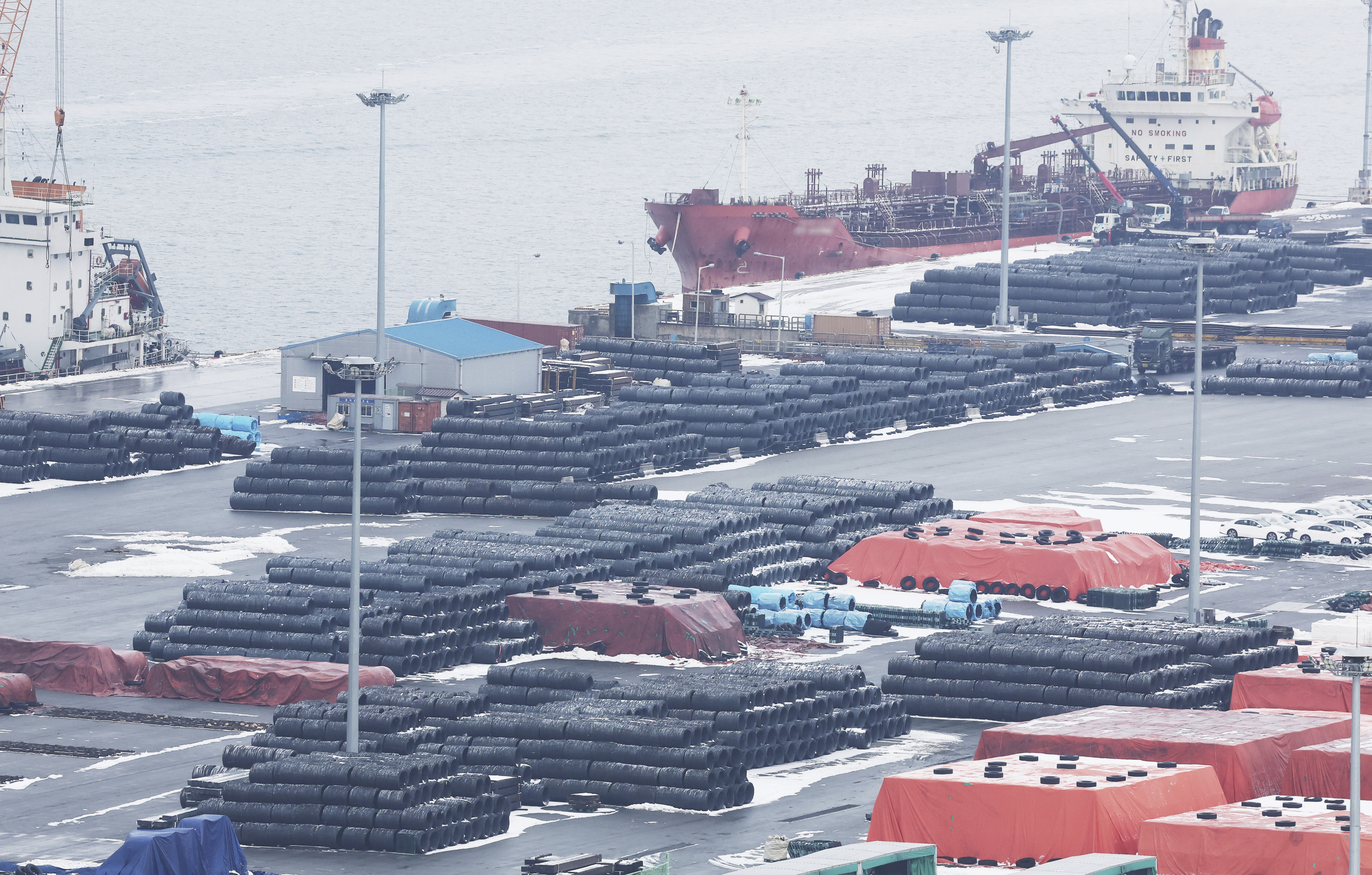 Steel products are seen at a port in Pyeongtaek, South Korea, Monday, Feb. 10, 2025. (Hong Ki-won/Yonhap via AP)