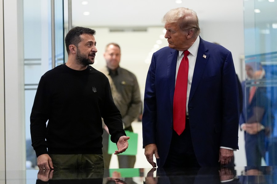 FILE - President Donald Trump meets with Ukraine's President Volodymyr Zelenskyy at Trump Tower, Sept. 27, 2024, in New York. (AP Photo/Julia Demaree Nikhinson, File)