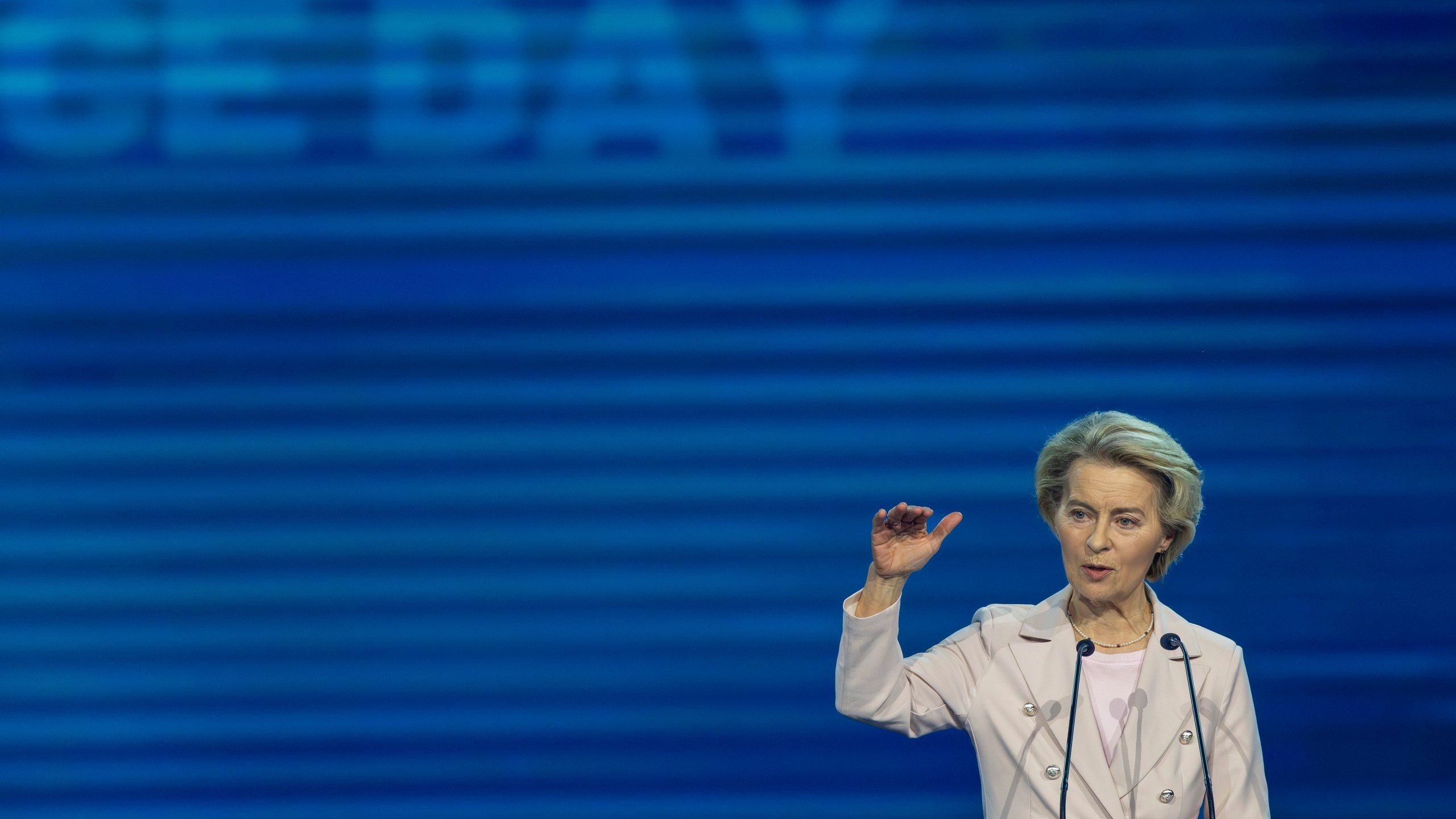 FILE - European Commission President Ursula von der Leyen speaks at the historic synchronisation of the Baltic states with the EU electricity system activation ceremony of the "Baltic Energy Independence Day" in Vilnius, Lithuania, Sunday, Feb. 9, 2025. (AP Photo/Mindaugas Kulbis, File)