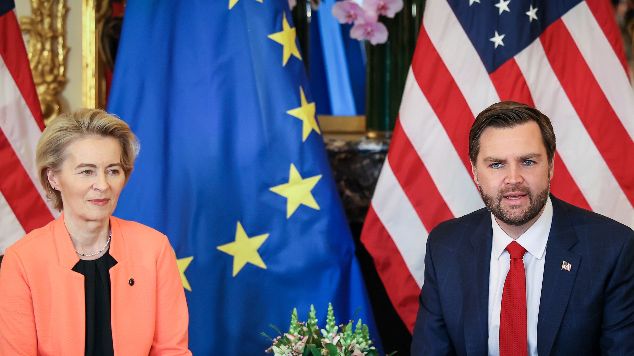 United States Vice-President JD Vance, right, and European Commission President Ursula von der Leyen during a bilateral meeting on the sidelines of the Artificial Intelligence Action Summit in Paris, Tuesday, Feb. 11, 2025. (AP Photo/Thomas Padilla)