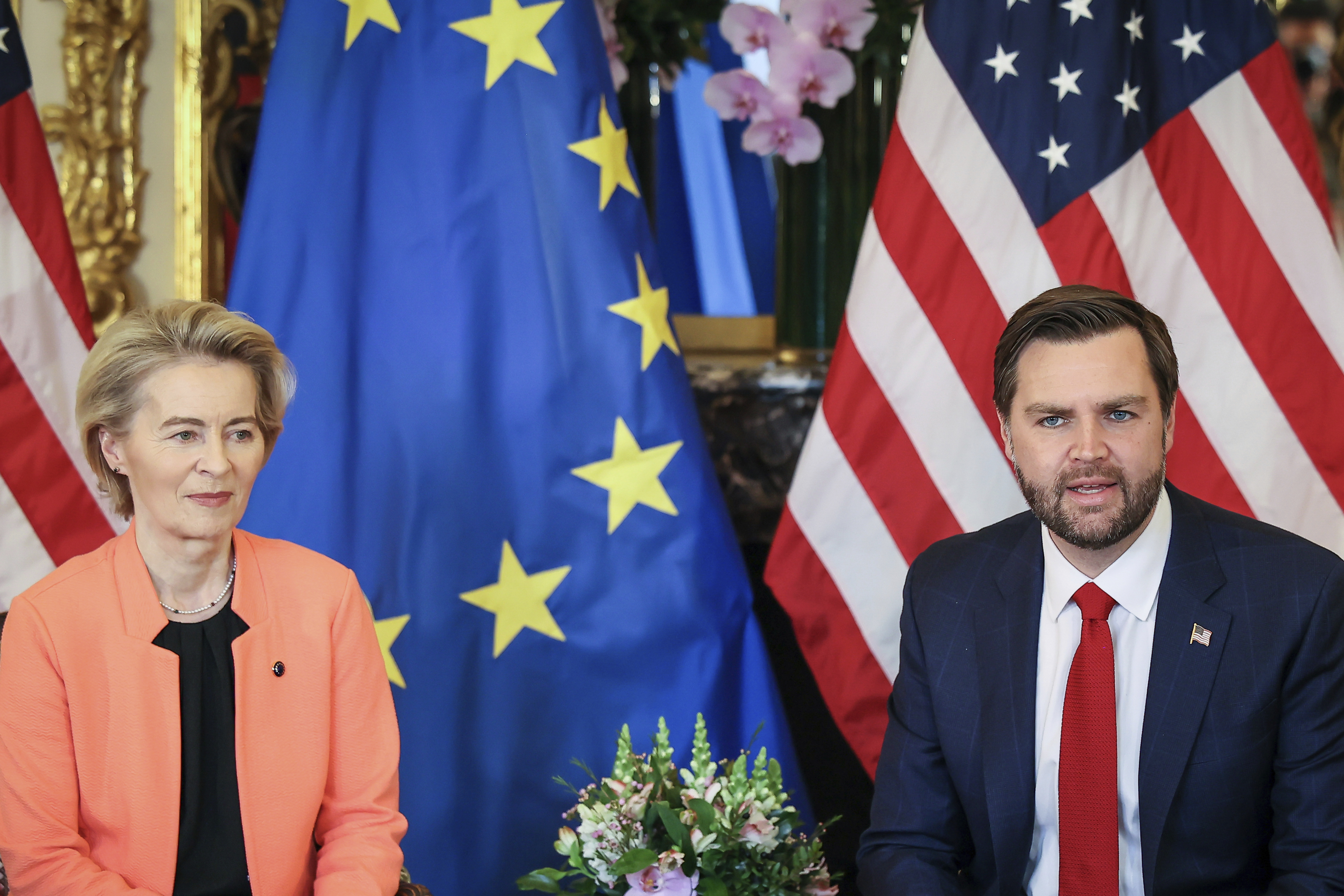 United States Vice-President JD Vance, right, and European Commission President Ursula von der Leyen during a bilateral meeting on the sidelines of the Artificial Intelligence Action Summit in Paris, Tuesday, Feb. 11, 2025. (AP Photo/Thomas Padilla)