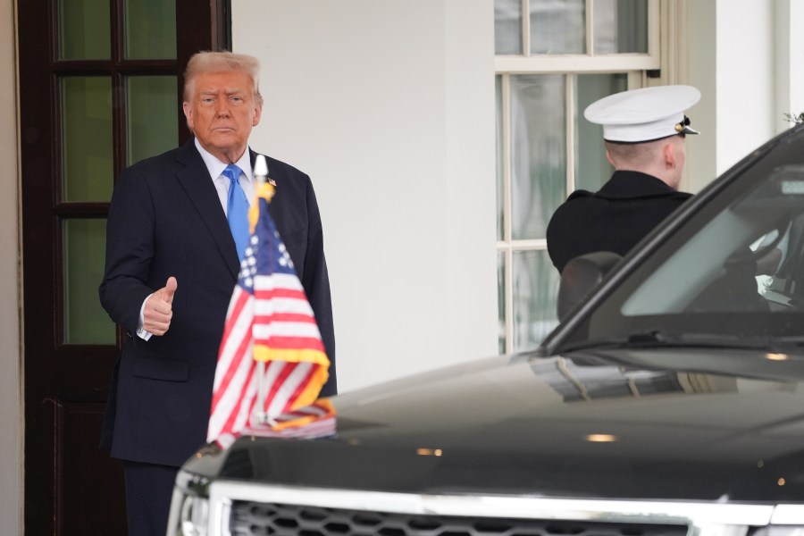 President Donald Trump gives a thumbs up as Jordan's King Abdullah II departs the White House after meeting at the White House, Tuesday, Feb. 11, 2025, in Washington. (AP Photo/Evan Vucci)