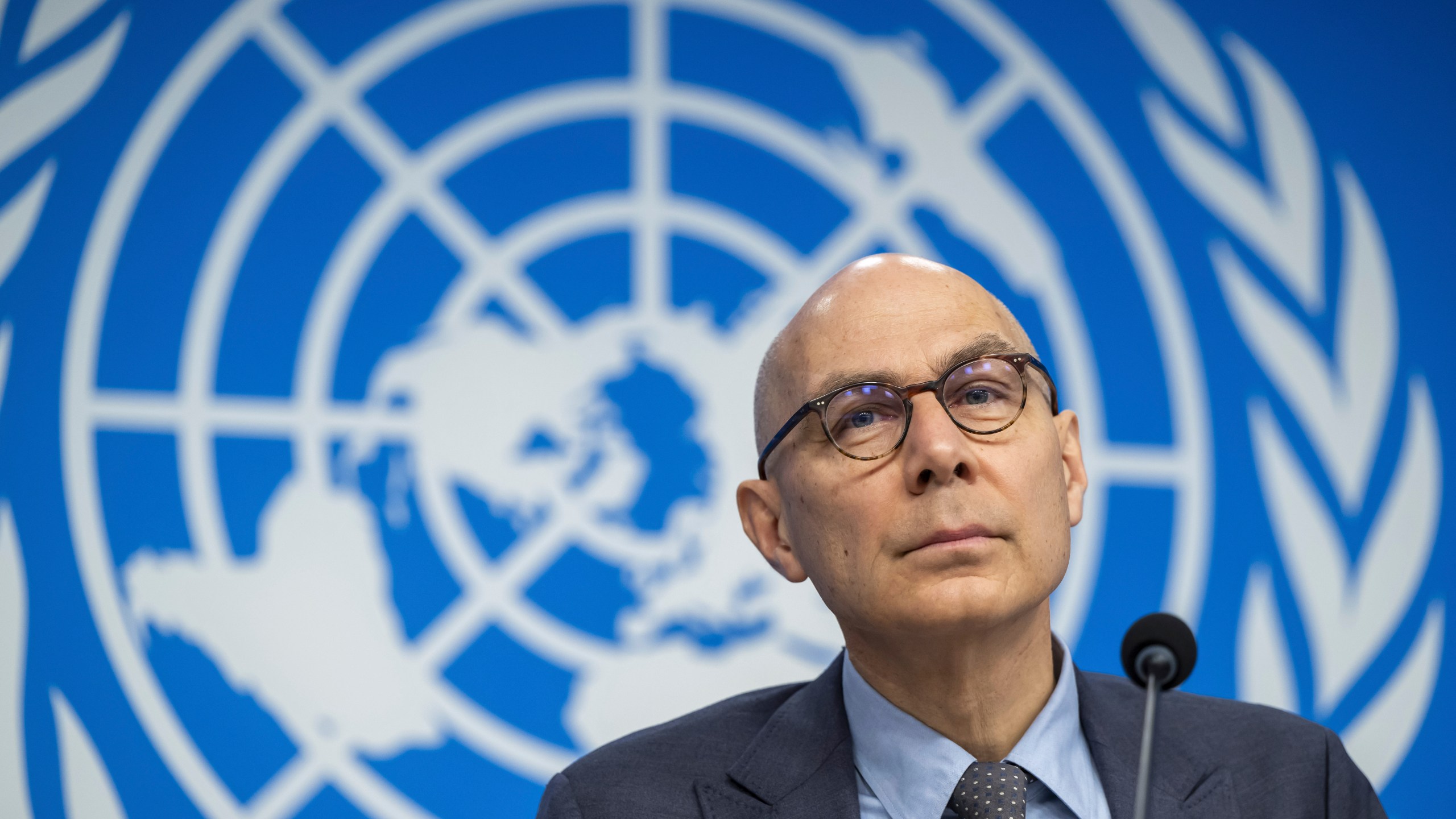 U.N. High Commissioner for Human Rights (UNHCR) Volker Turk (Tuerk), pauses as he speaks during a press conference about the publication of UN Human Rights fact-finding report on Bangladesh protests, at the European headquarters of the United Nations, in Geneva, Switzerland, Wednesday, Feb. 12, 2025. (Martial Trezzini/Keystone via AP)